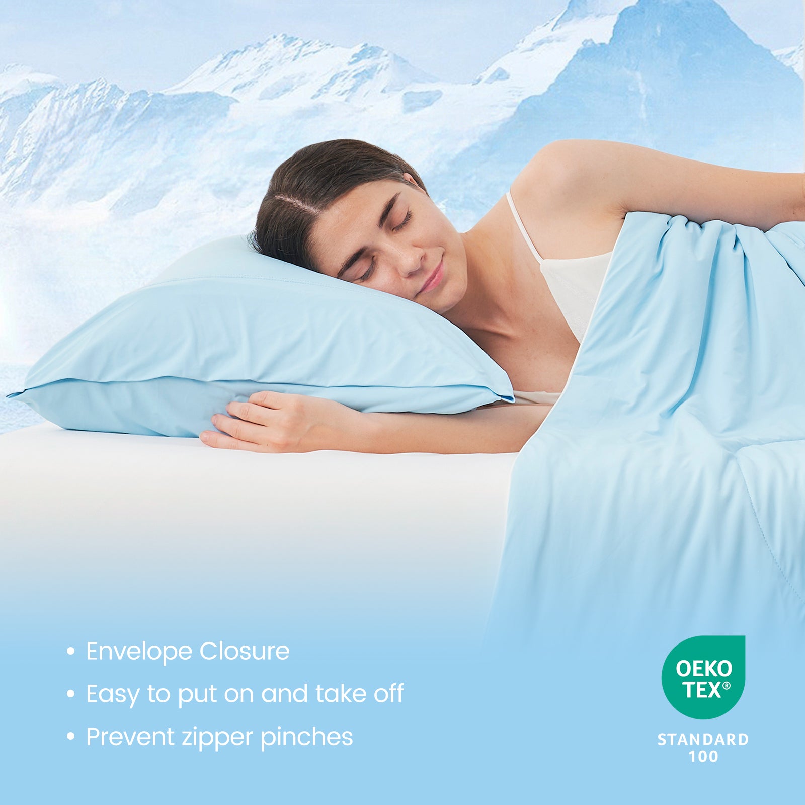 Woman sleeping peacefully on a cooling pillowcase, soft and breathable #color_Sky Blue