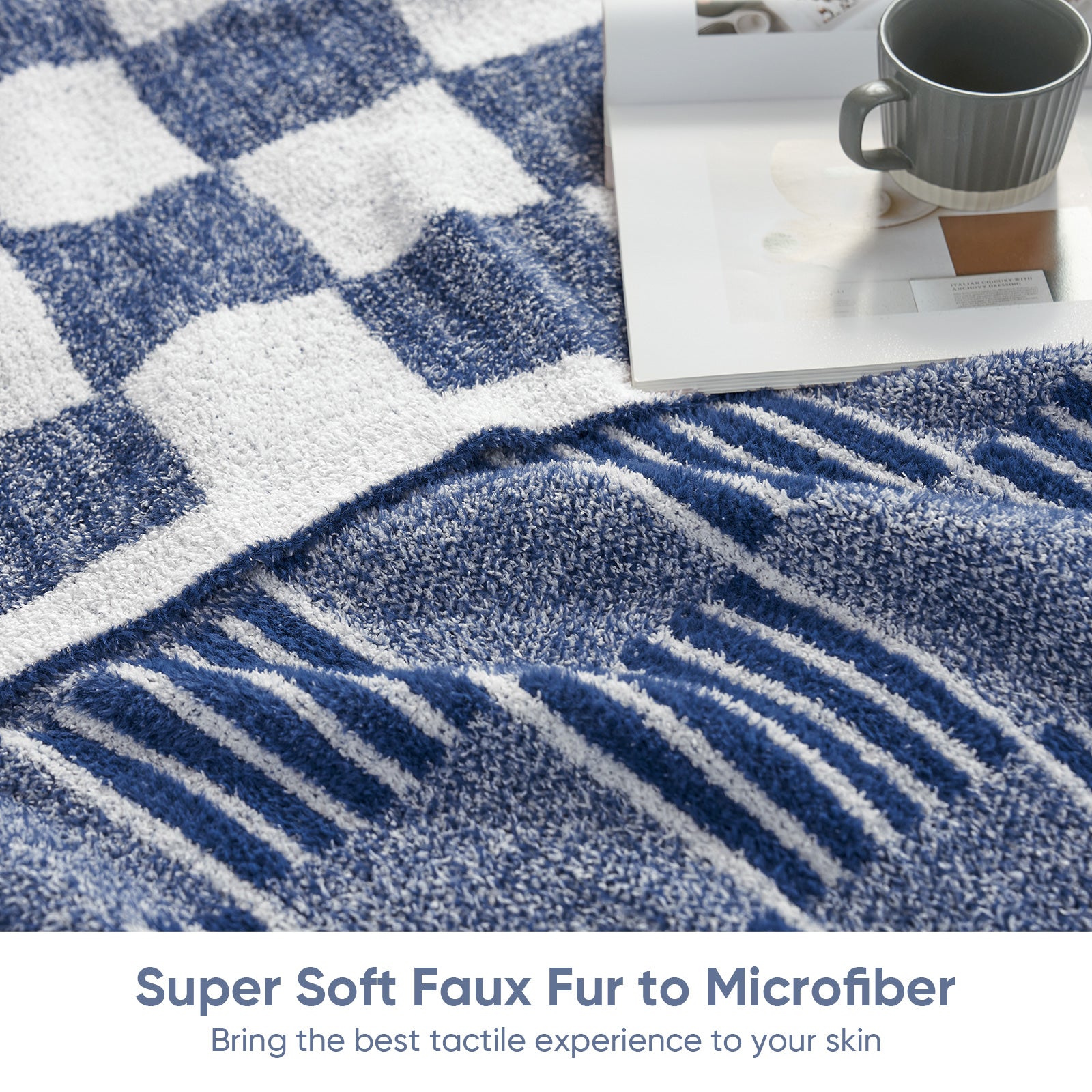 Reversible Heather Checkered Feather Yarn Throw Blanket