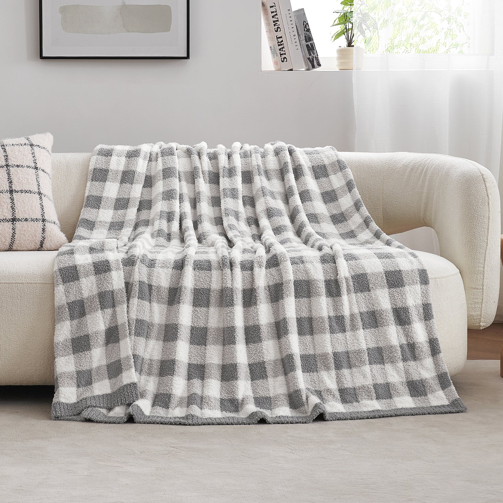 Plaid Knit Feather Yarn Knit Throw Blanket