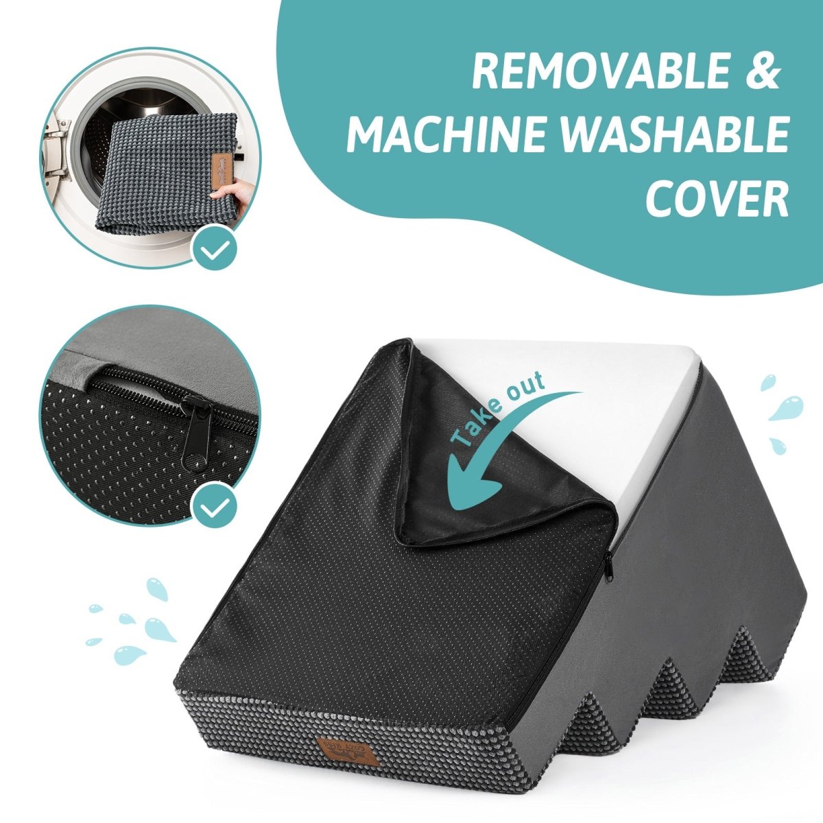 Removable and machine washable cover of Cozy Bliss foam pet stairs with a smooth zipper for easy cleaning. #color_Grey