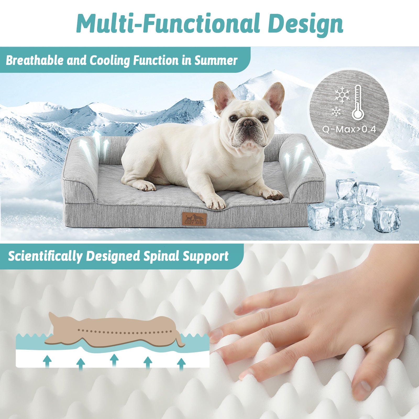 Dog lying on a gray pet bed with text highlighting its multi-functional design, breathable cooling function, and spinal support.#color_Grey