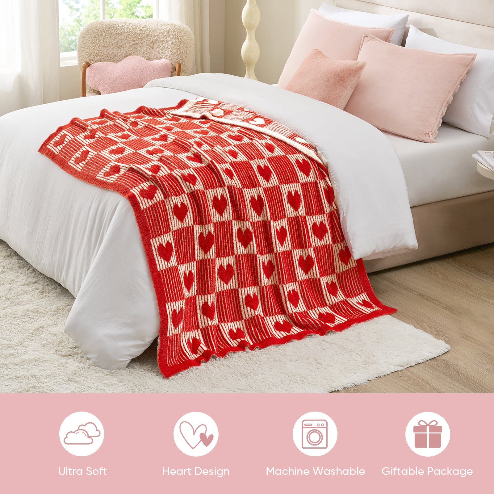 Valentine Reversible Heart Feather Yarn Throw Blanket