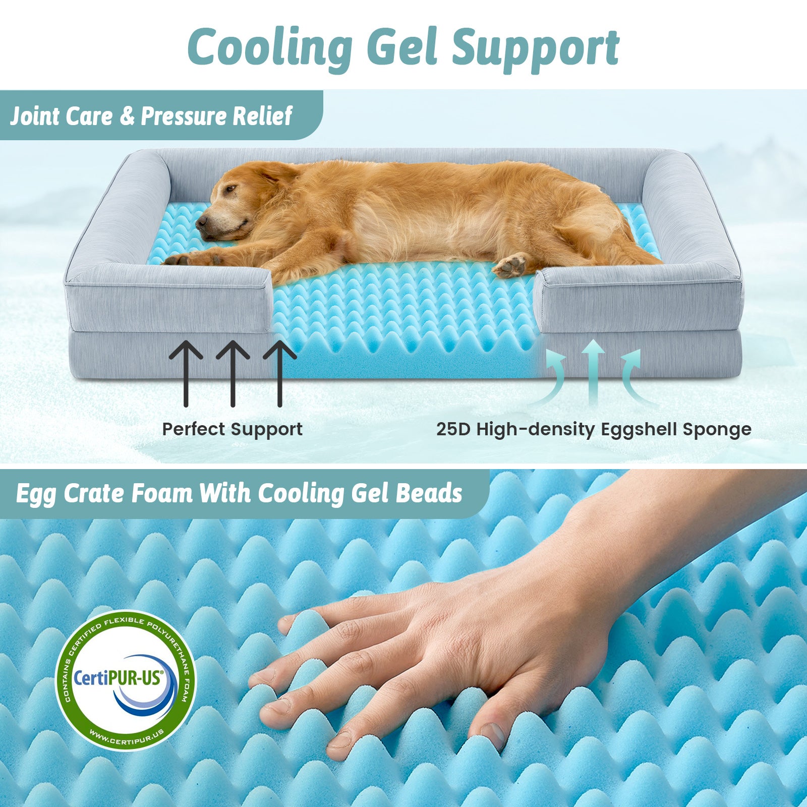 Dog lying on a cooling support bed with text highlighting features like joint care and pressure relief.#color_Cool Blue