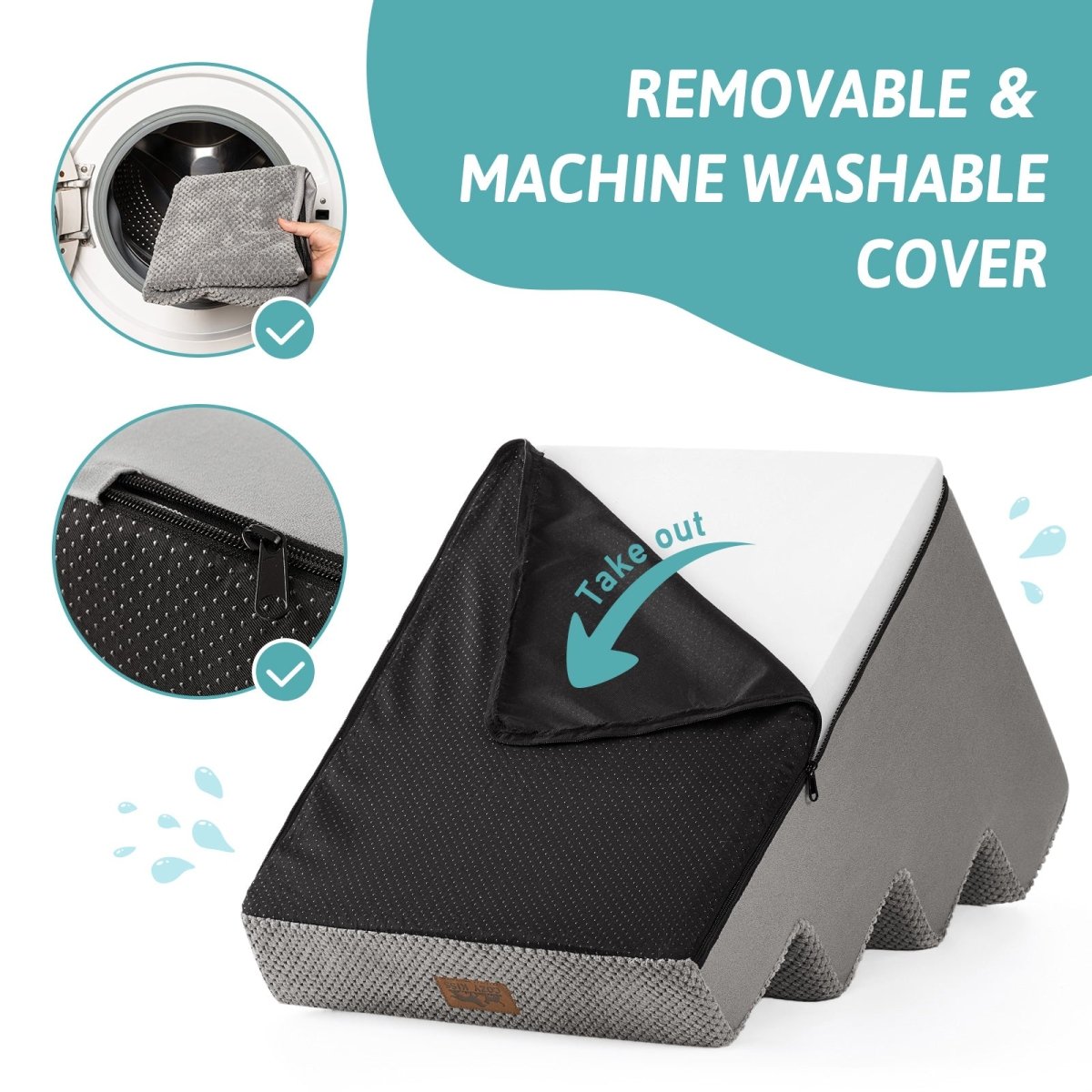 Removable and machine washable cover of Cozy Bliss foam pet stairs with a smooth zipper for easy cleaning. #color_Light Grey
