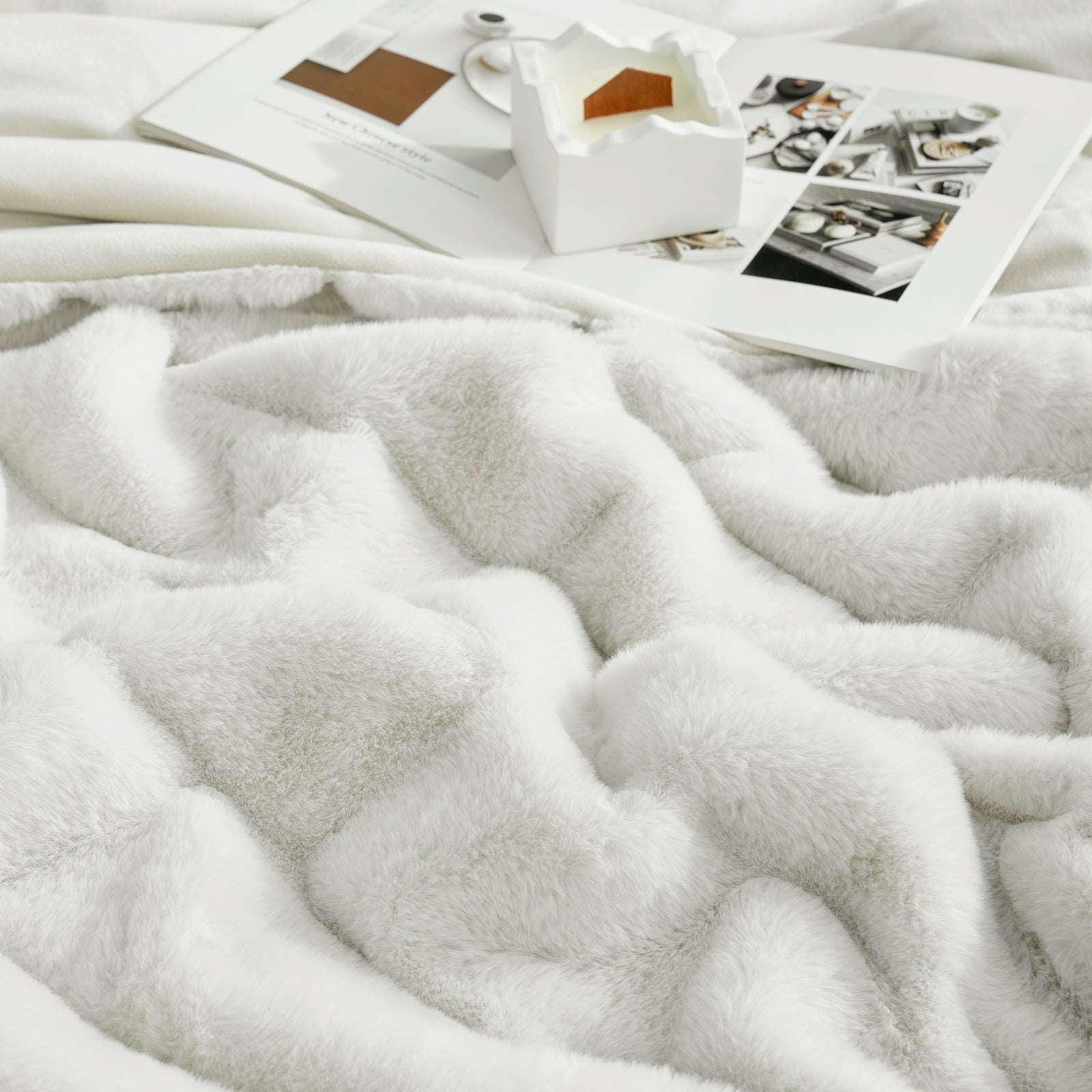 Cozy Bliss white faux fur throw blanket, soft and cozy texture  #color_Beige