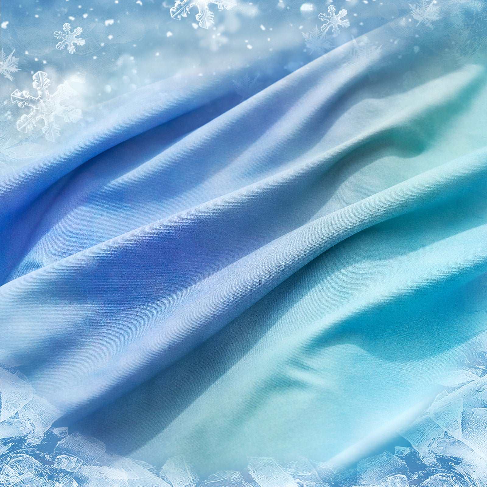 Blue and teal cooling fabric background with ice and snowflakes