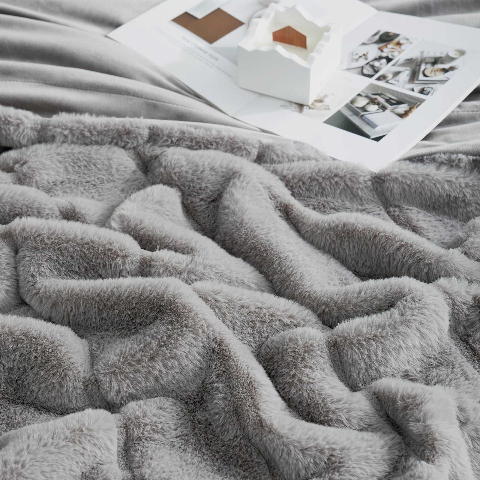 Cozy Bliss Sheared Faux Fur Throw Blanket, Grey, close-up  #color_Grey