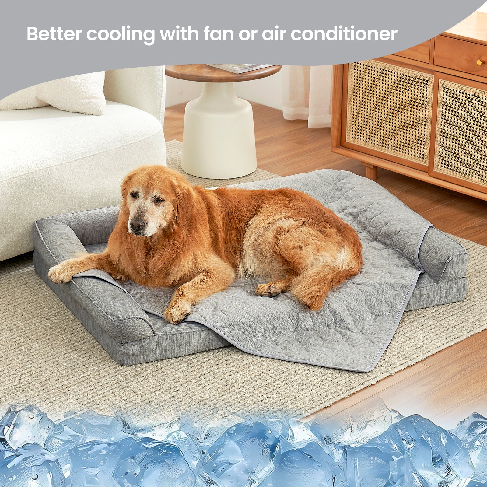 Cozy Bliss pet cooling blanket front view with Dog sitting on it. #color_Light Grey