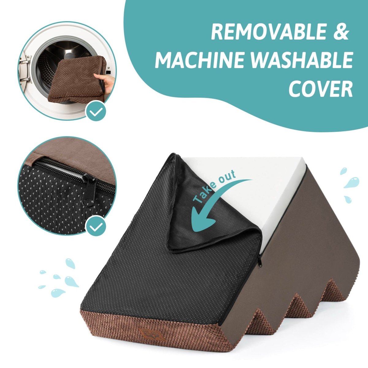 Removable and machine washable cover of Cozy Bliss foam pet stairs with a smooth zipper for easy cleaning. #color_Brown