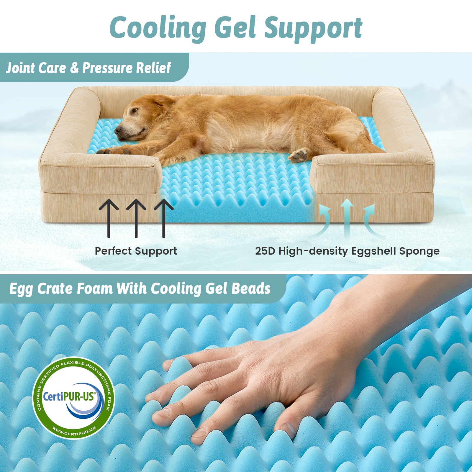 Dog lying on a cooling support bed with text highlighting features like joint care and pressure relief.#color_Beige