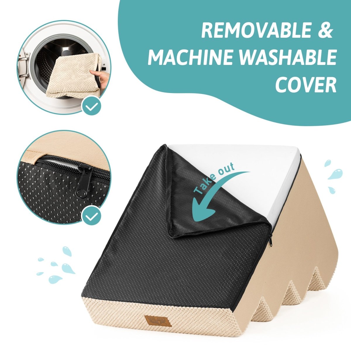 Removable and machine washable cover of Cozy Bliss foam pet stairs with a smooth zipper for easy cleaning. #color_Beige