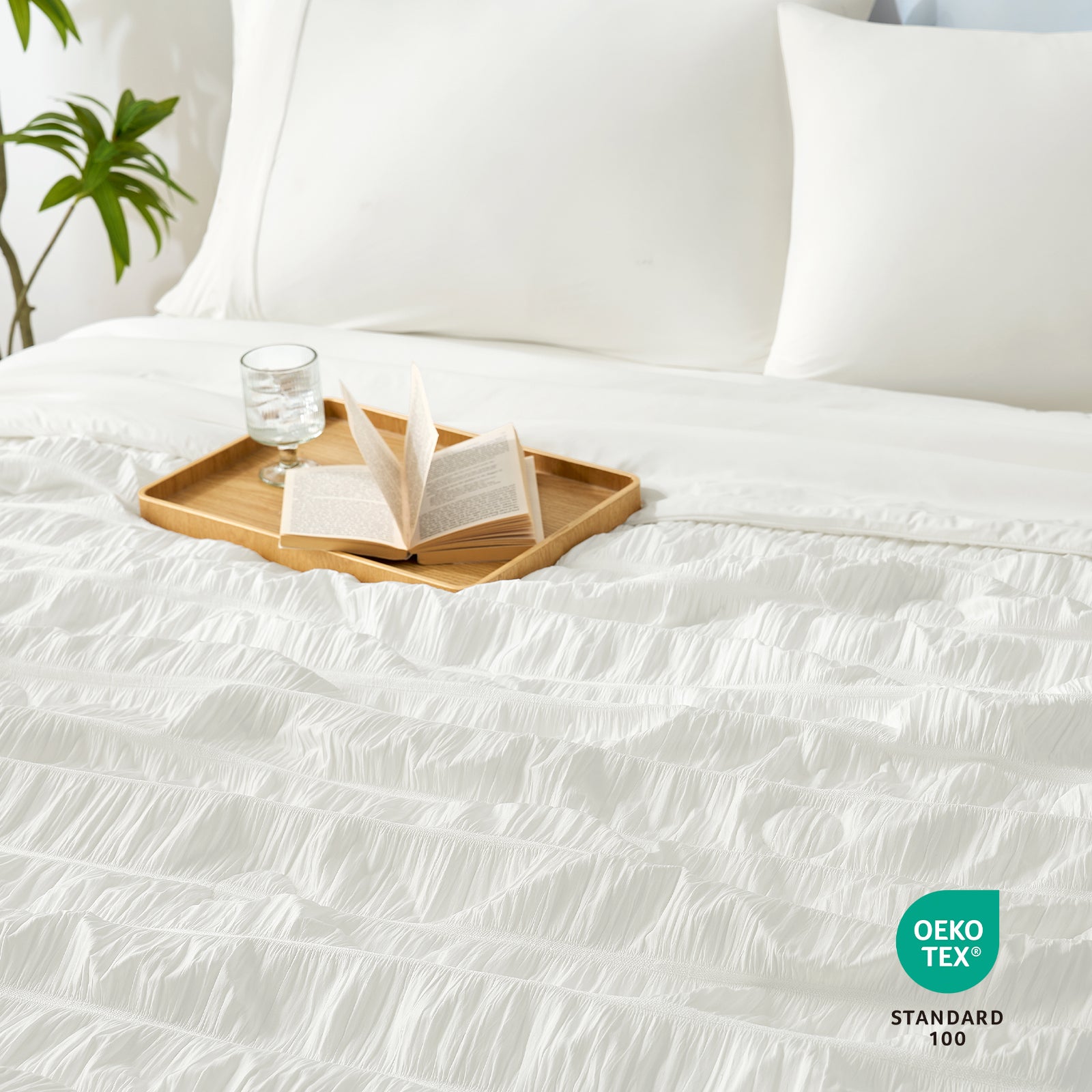 Cozy Bliss Vertical Striped Seersucker Cooling Comforter featuring Oeko-Tex Standard 100 logo. #color_White