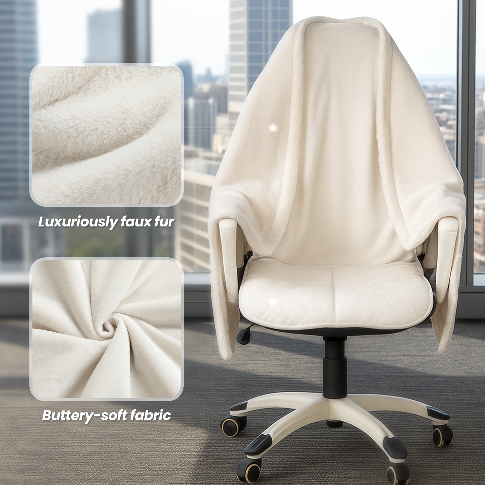 White office chair with faux fur cover in an office setting #color_Beige