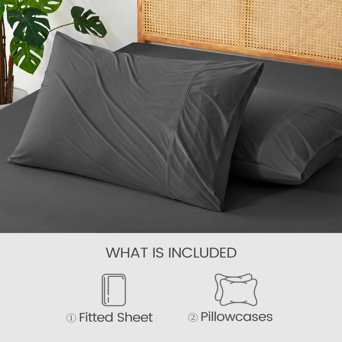 Charcoal gray fitted sheet and pillowcases included in Cozy Bliss sheet set.#color_Charcoal Grey