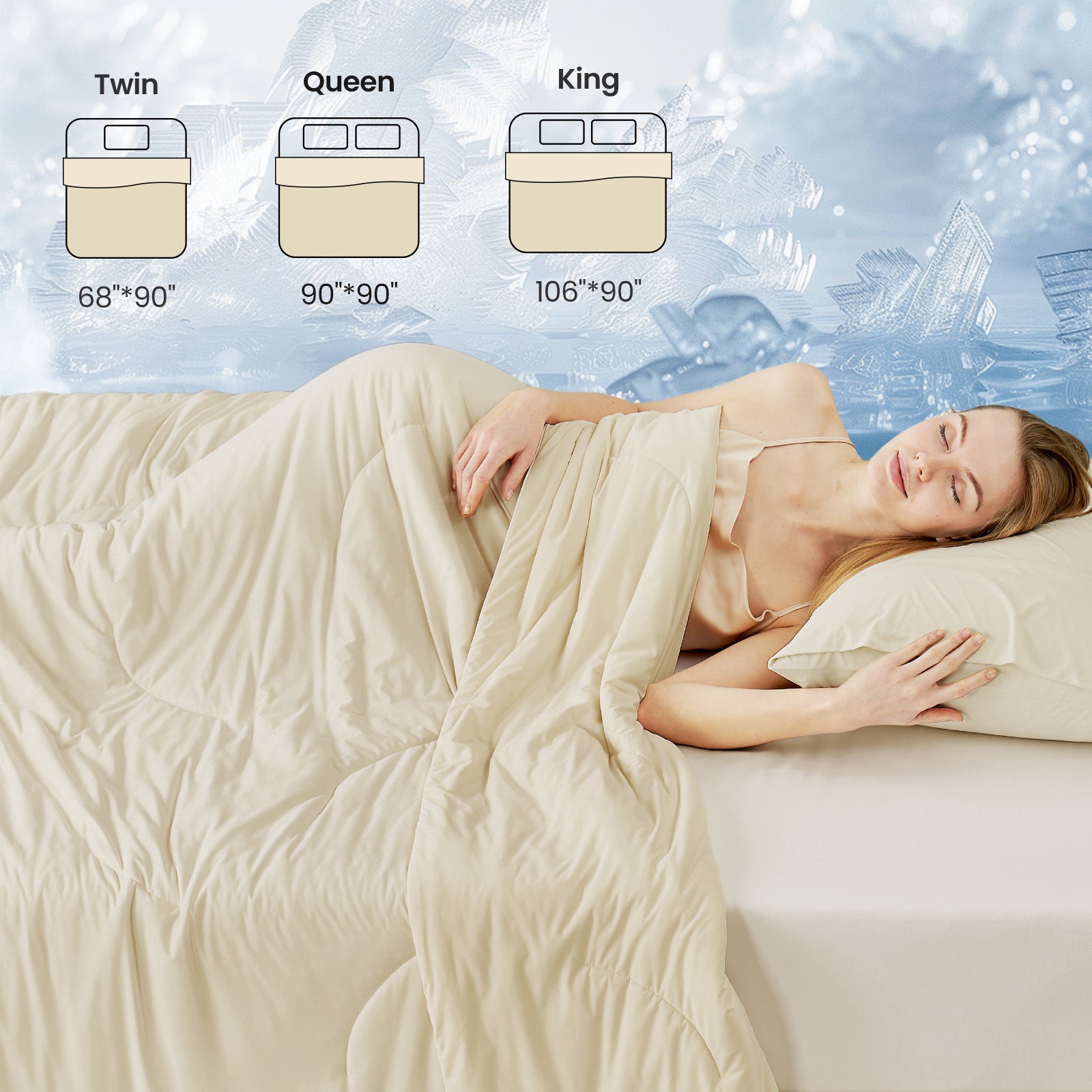 Cozy Bliss Cooling Comforter in Khaki, sizes Twin, Queen, King, featuring a woman sleeping comfortably#color_Khaki