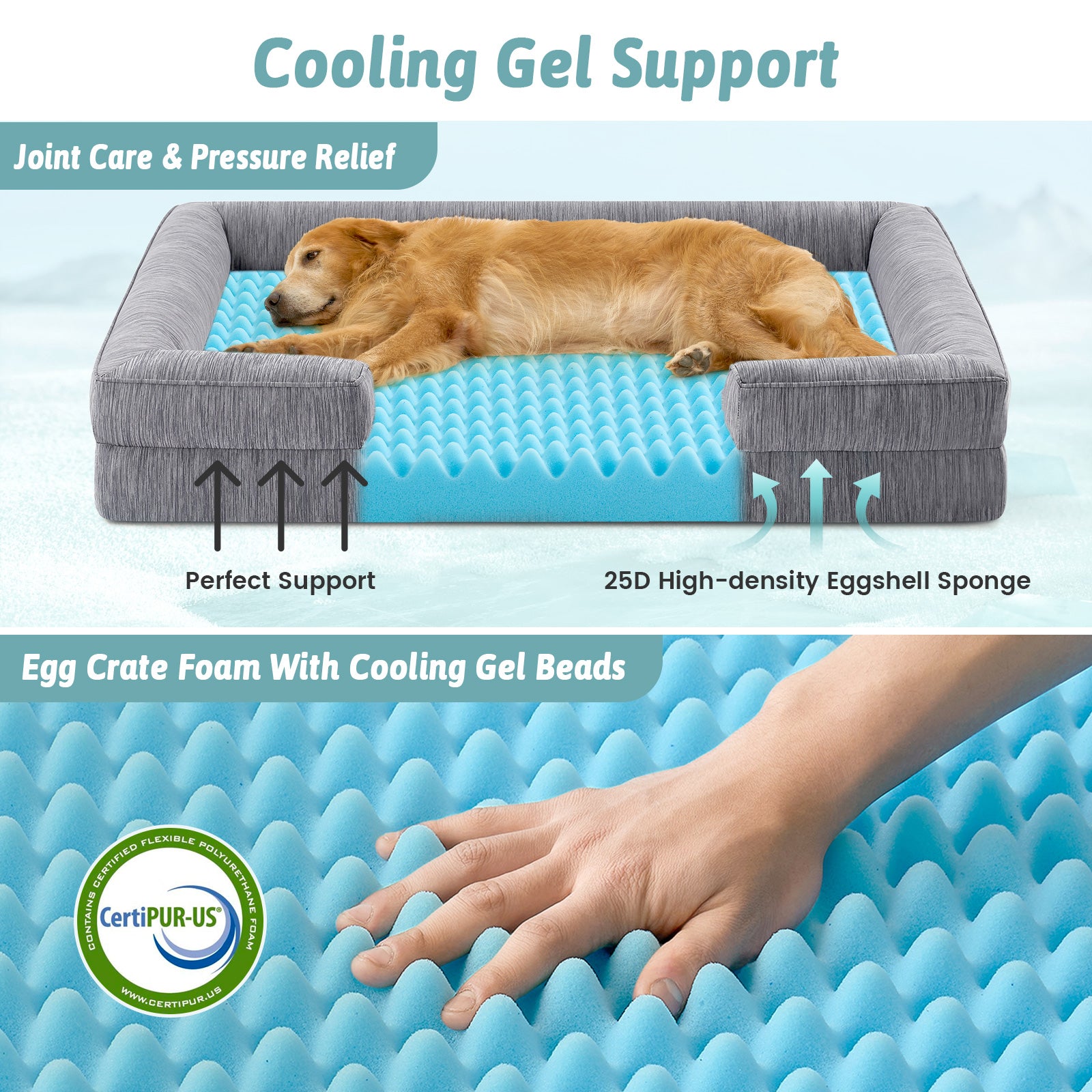 Dog lying on a cooling upport bed with text highlighting features like joint care, pressure relief, and CertiPUR-US certification.#color_Dark Grey