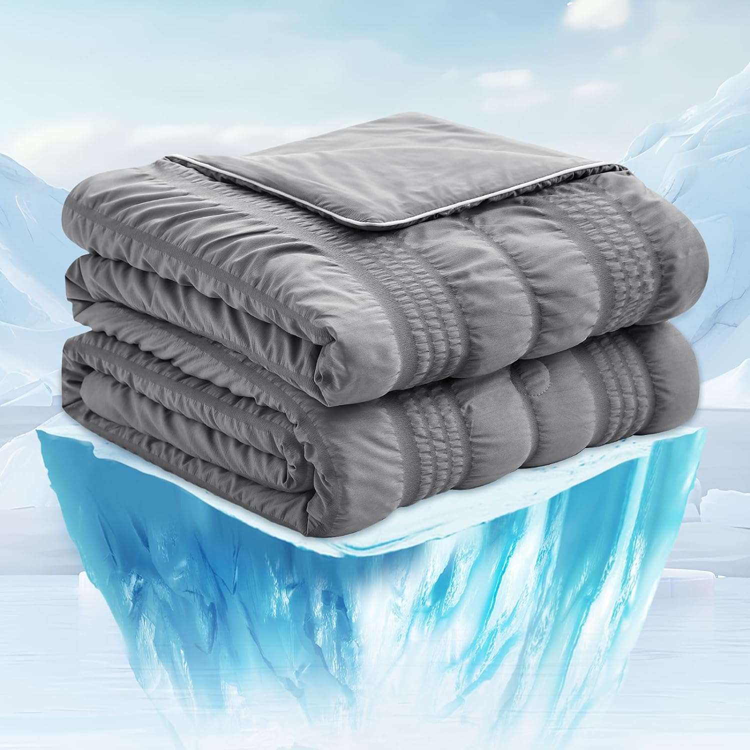 Cozy Bliss Seersucker Cooling Comforter on Ice, cooling blanket #color_Dark Grey