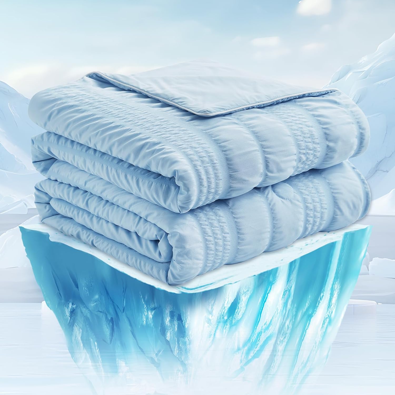 Cozy Bliss Seersucker Cooling Comforter on ice #color_Blue