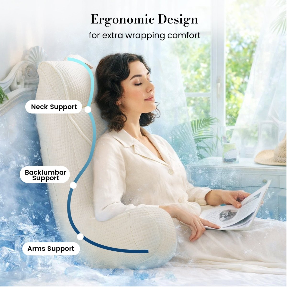 Woman reading a book with Cozy Bliss Ivory backrest reading pillow. #color_Ivory