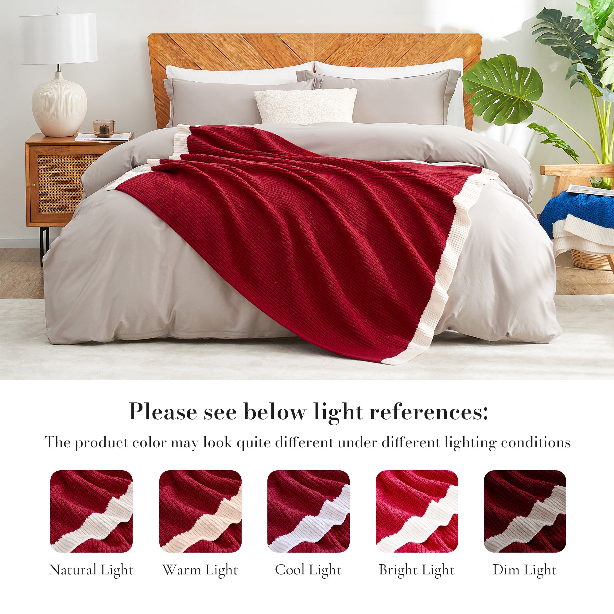 Red blanket draped over a bed in a bedroom setting with light references displayed. #color_Red