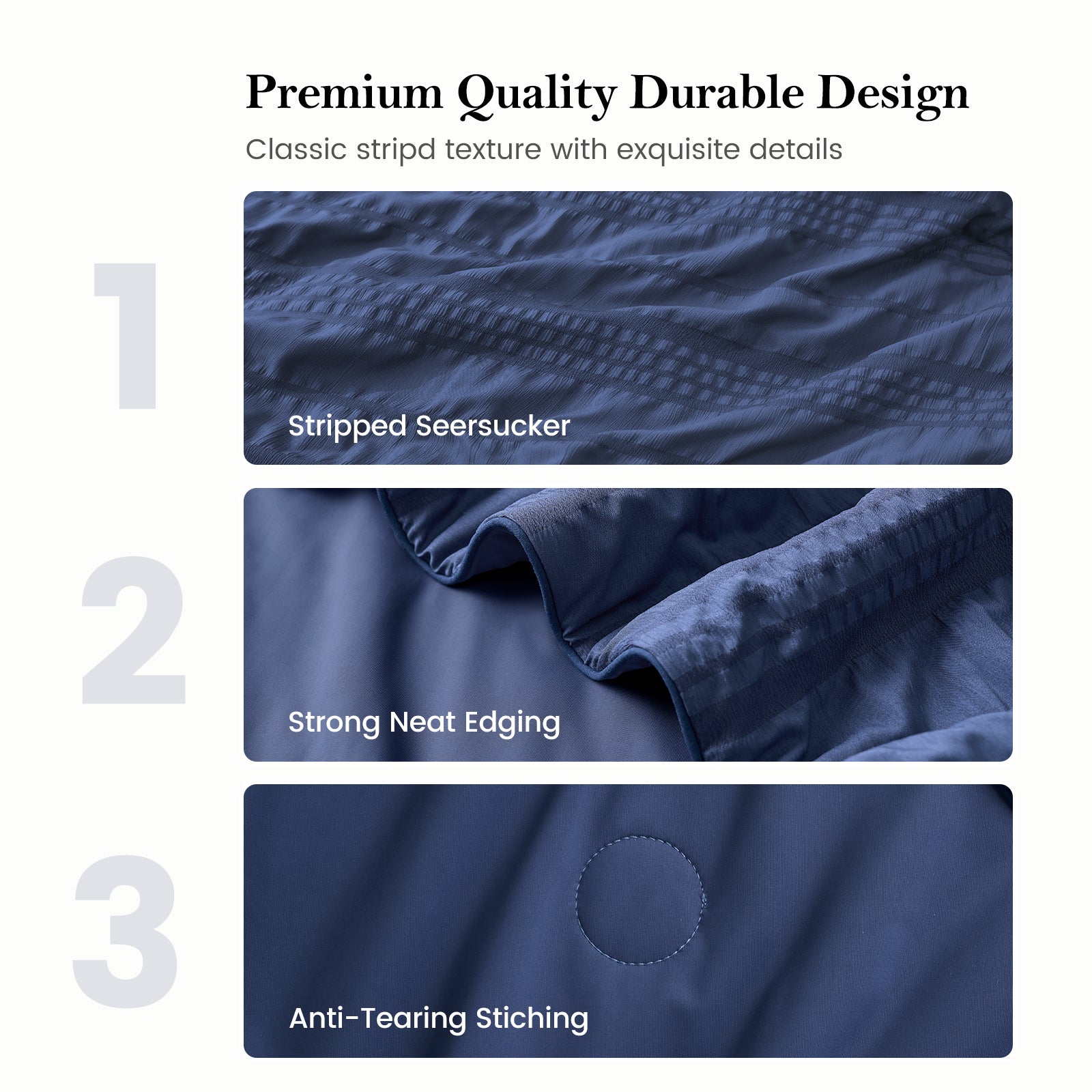 Close up of Cozy Bliss seersucker cooling comforter fabric with strong neat edging and anti-tearing stiching.#color_Navy Blue