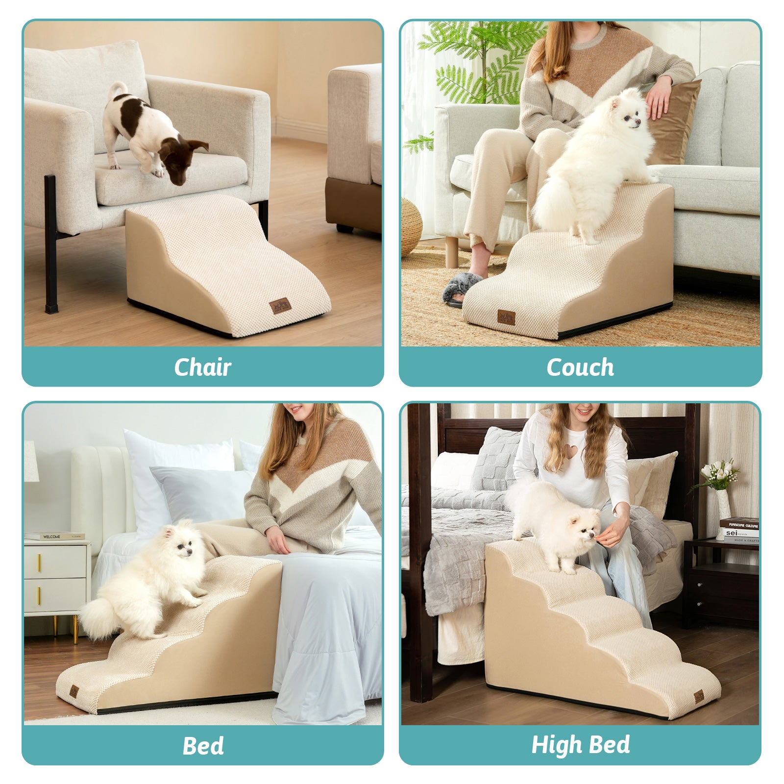 Pet ramp being used on a chair, couch, bed, and high bed in various settings.#color_Beige