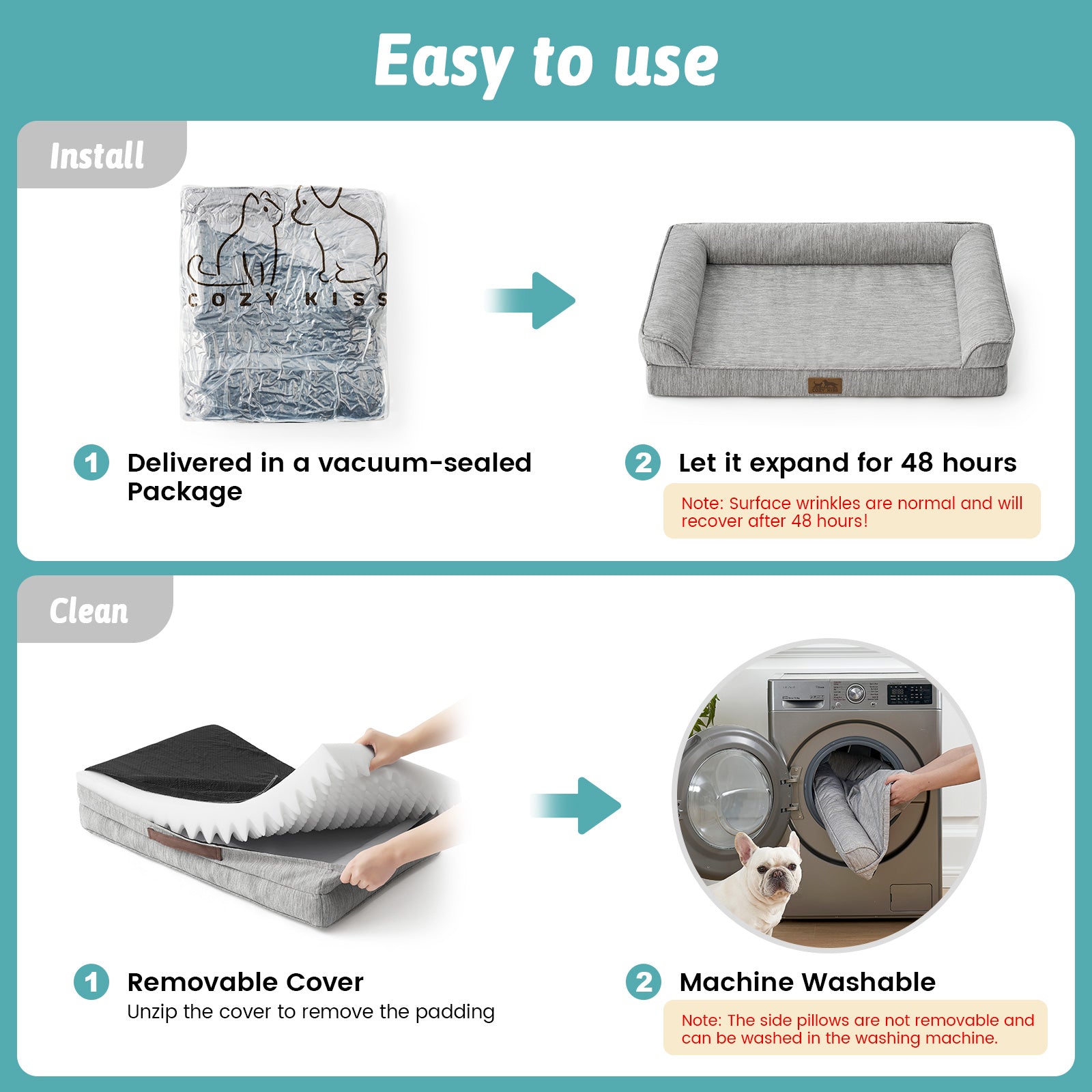 Instructions for using and cleaning a pet bed#color_Grey