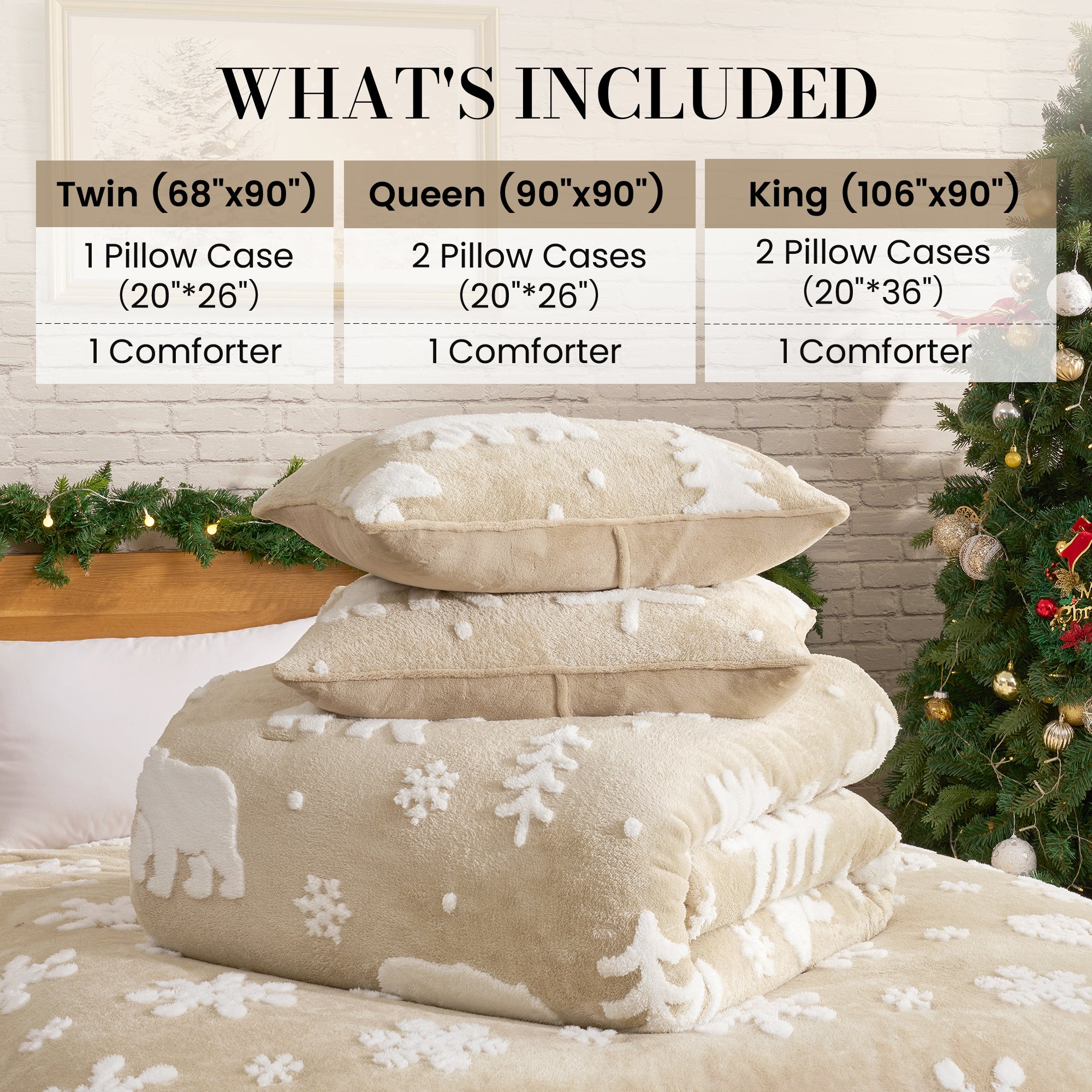 Bedding set with pillows and comforter on a bed, Christmas tree in the background #Color_Polar Bear