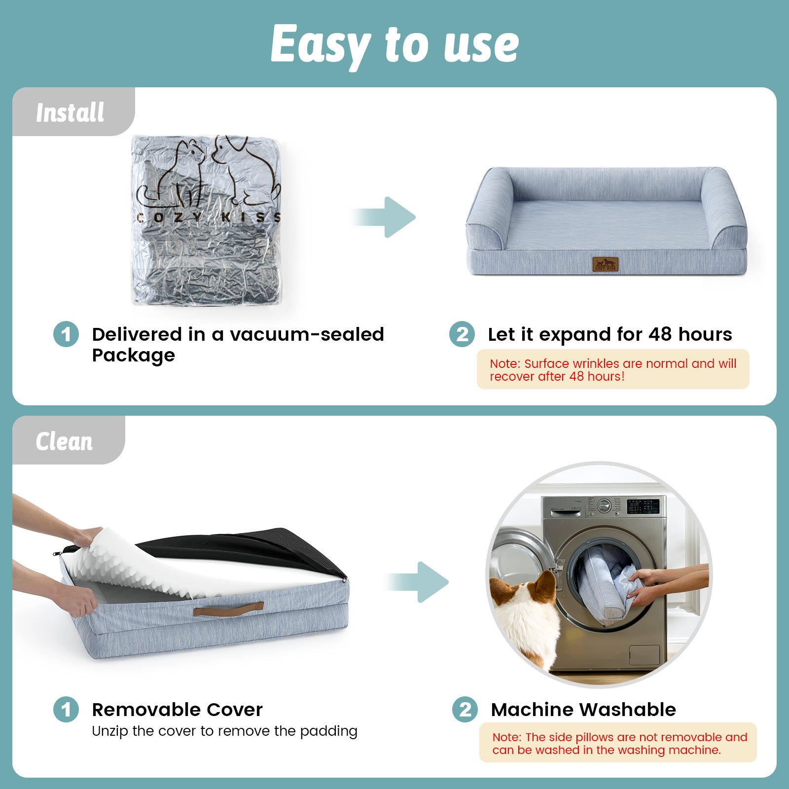 Instructions for using a pet bed with vacuum-sealed packaging, expansion, cover removal, and machine washing.#color_Cool Blue