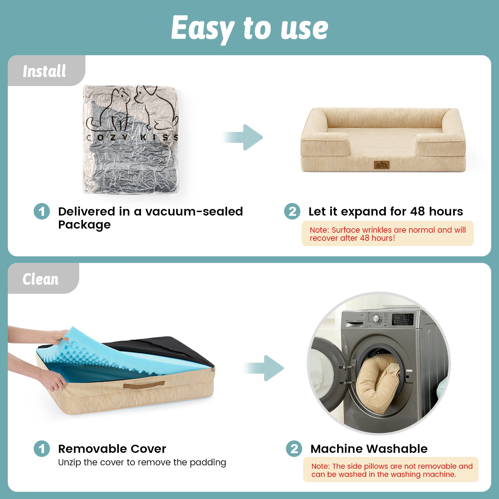 Instructions for using a pet bed ,including installation and cleaning steps.#color_Beige