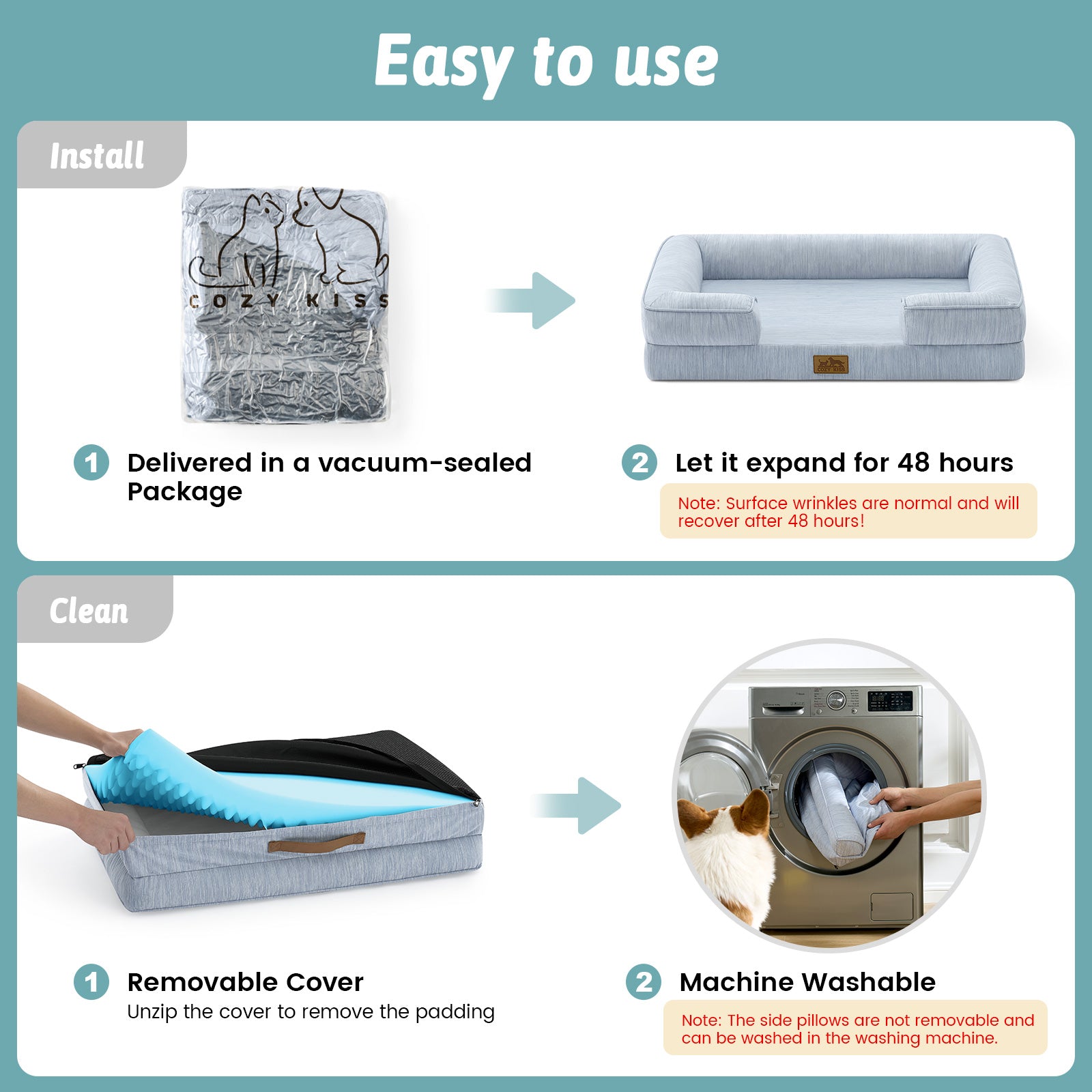 Instructions for using a pet bed with vacuum-sealed packaging, expansion, and machine washing features.#color_Cool Blue