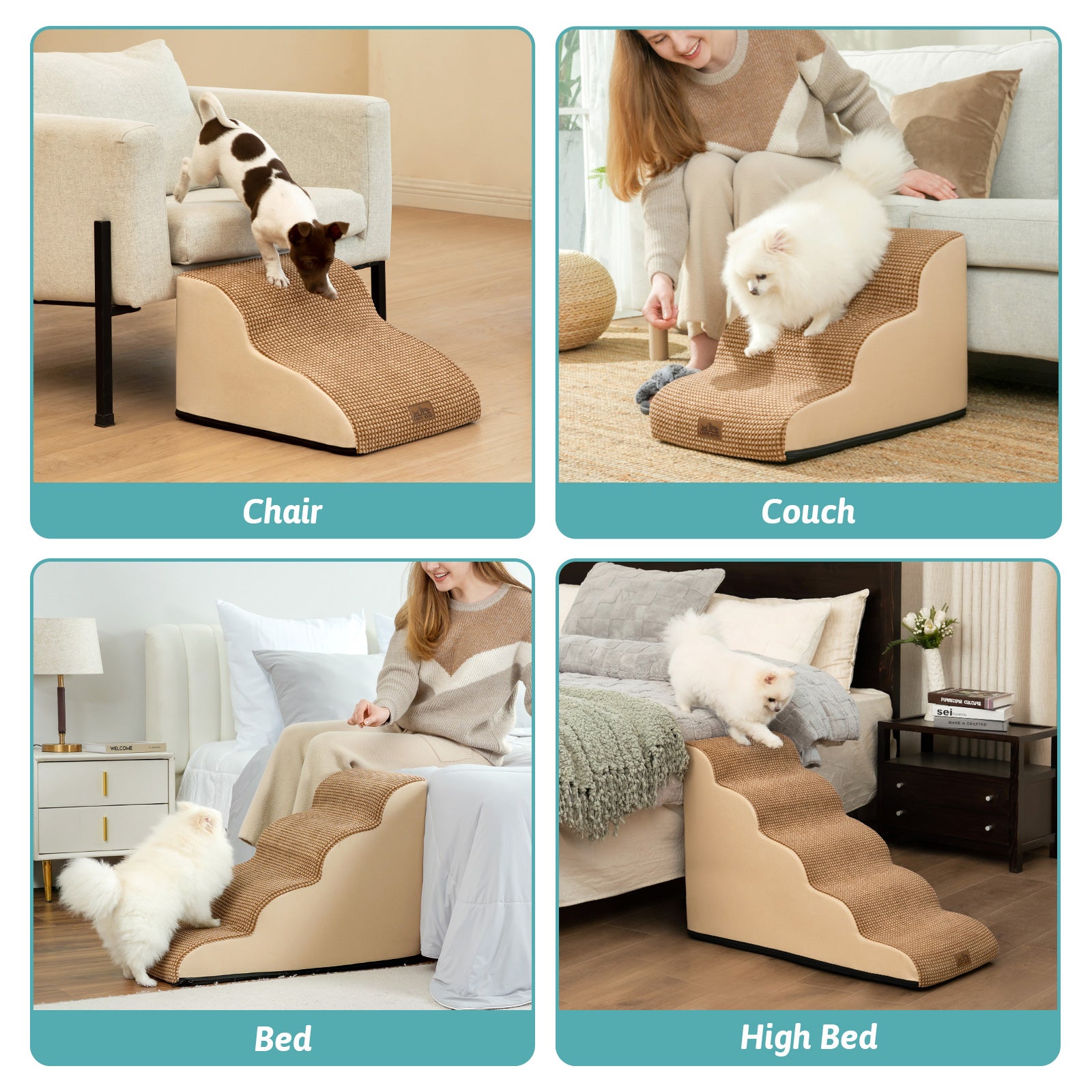 Pet ramp being used on chair, couch, bed, and high bed with pets climbing.#color_Light Brown