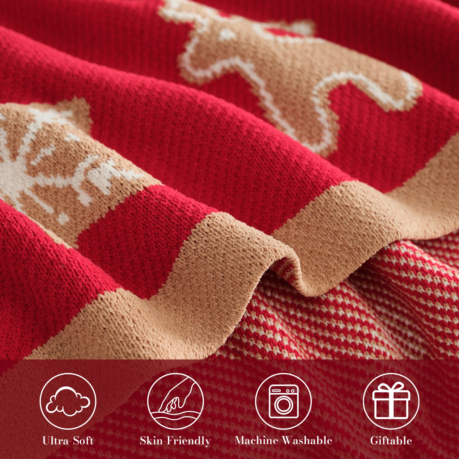 Red fabric with reindeer pattern and product features icons at the bottom. #color_Gingerbread Cookie