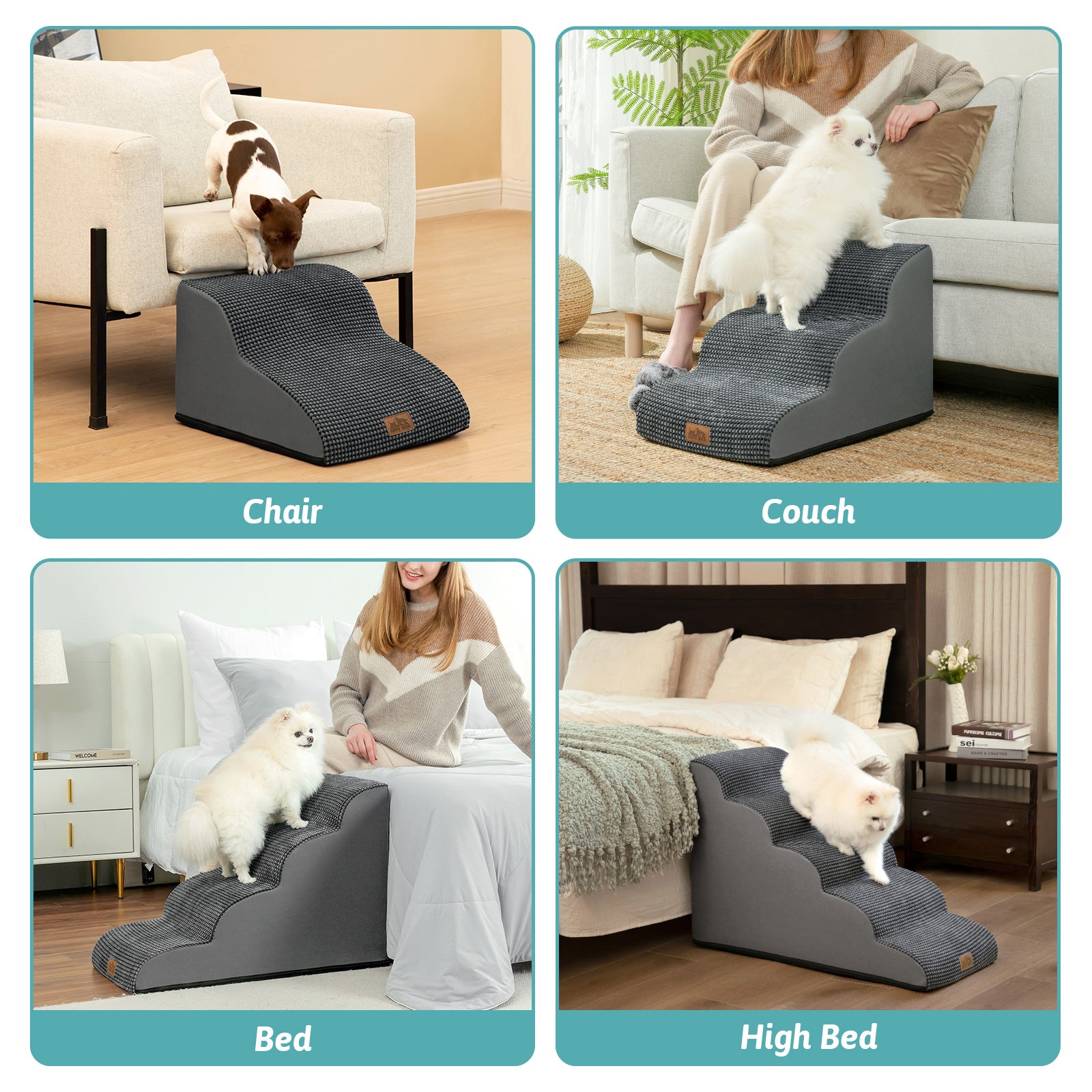 Dog ramp being used on chair, couch, bed, and high bed with a woman and dog in each scene.#Color_Charcoal Grey