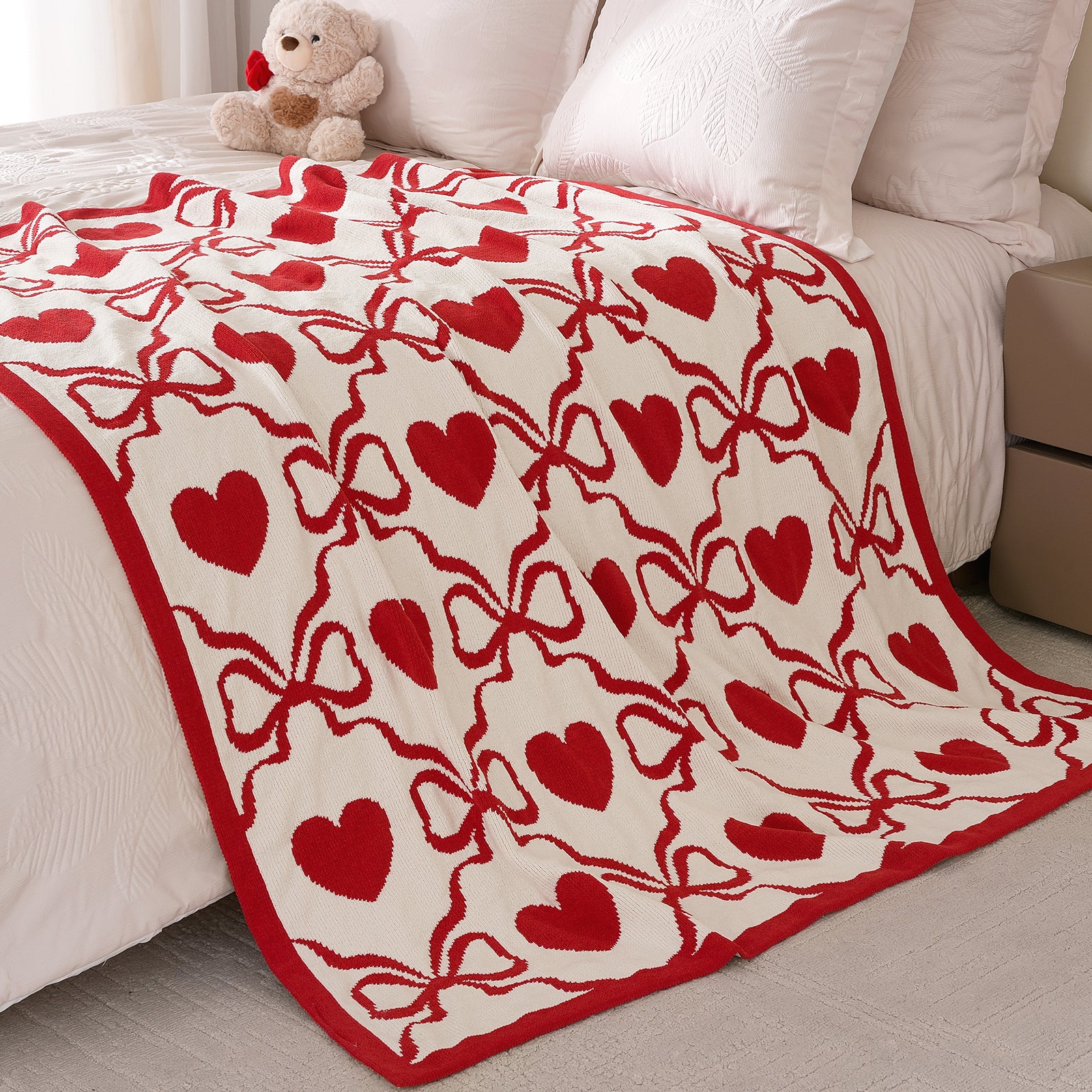 Valentine Heart Bow Jacquard Knit Chenille Throw Blanket