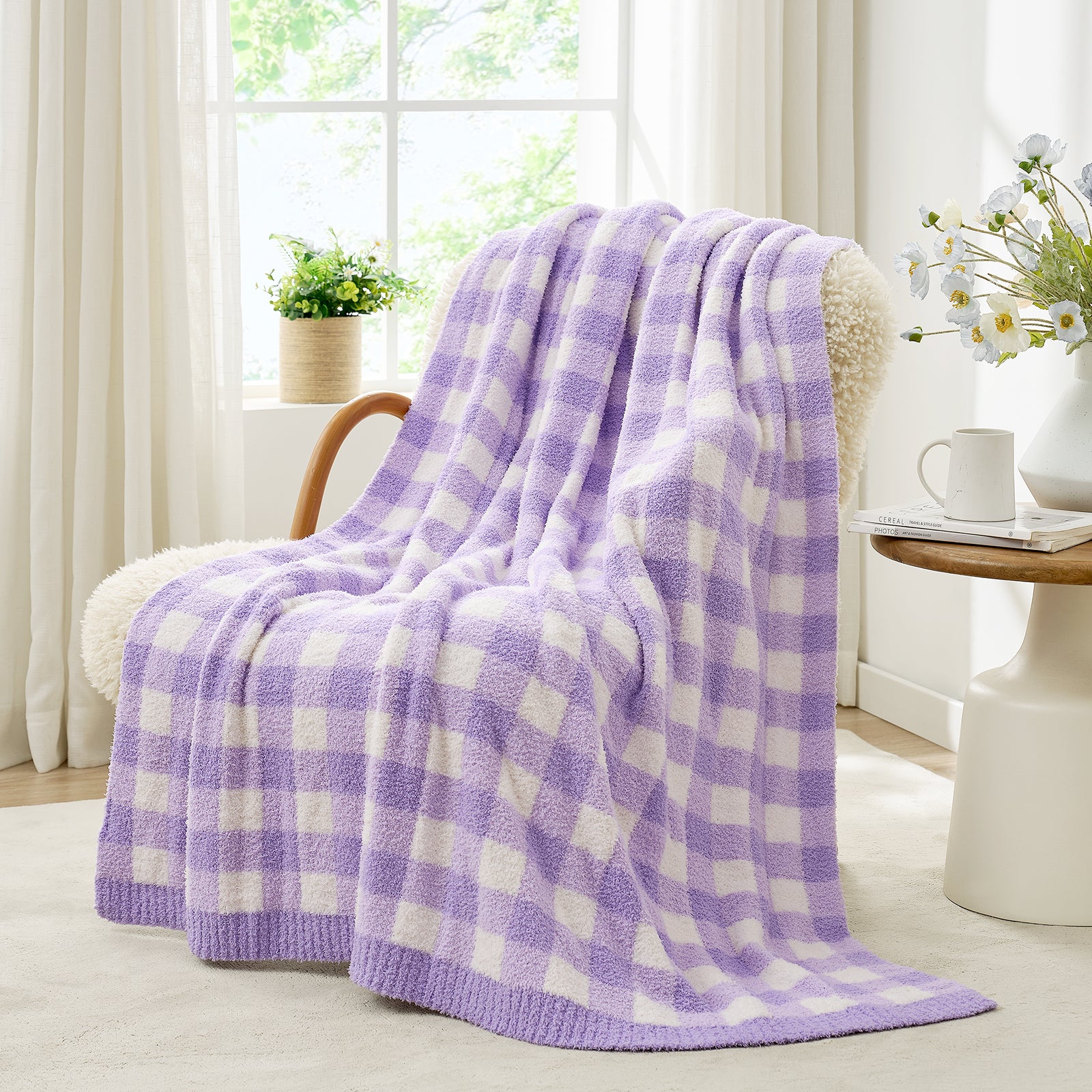 Plaid Knit Feather Yarn Knit Throw Blanket