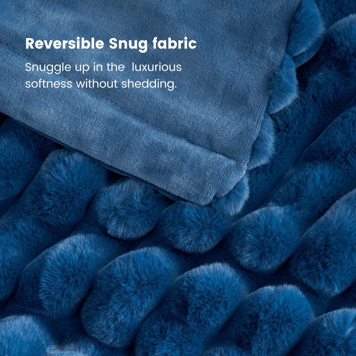 Close-up of the navy blue striped faux fur blanket, reversible snug fabric, soft and cozy bedding #color_Navy Blue