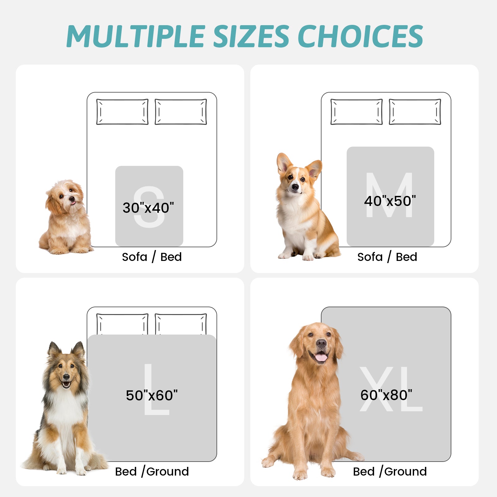 Size guide chart for the leakproof pet blanket with recommended dog breeds and settings. #color_Brown Sherpa Deer