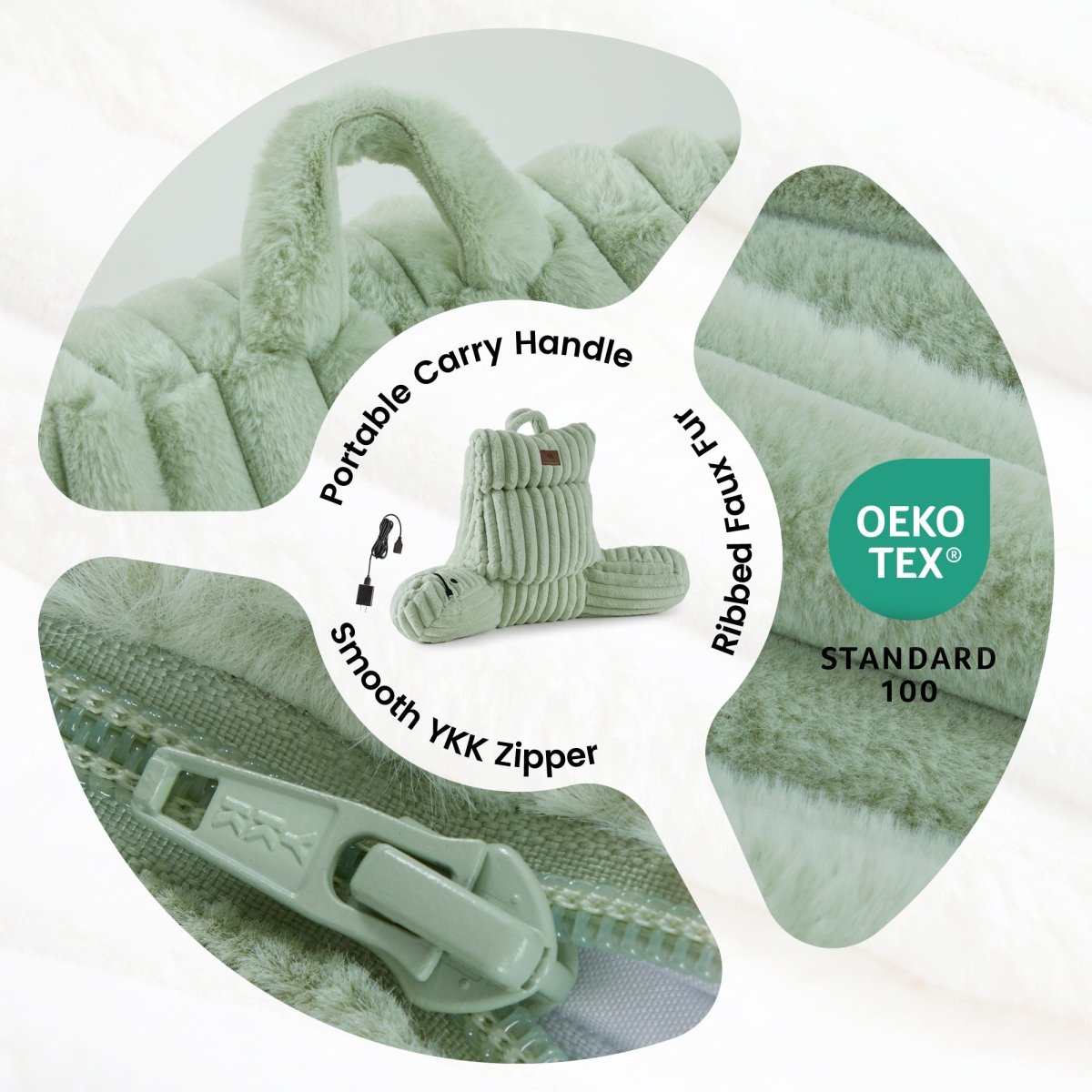 Details of electric heated backrest reading pillow with portable handle, ribbed faux fur fabric and smooth zipper. #color_Sage Green