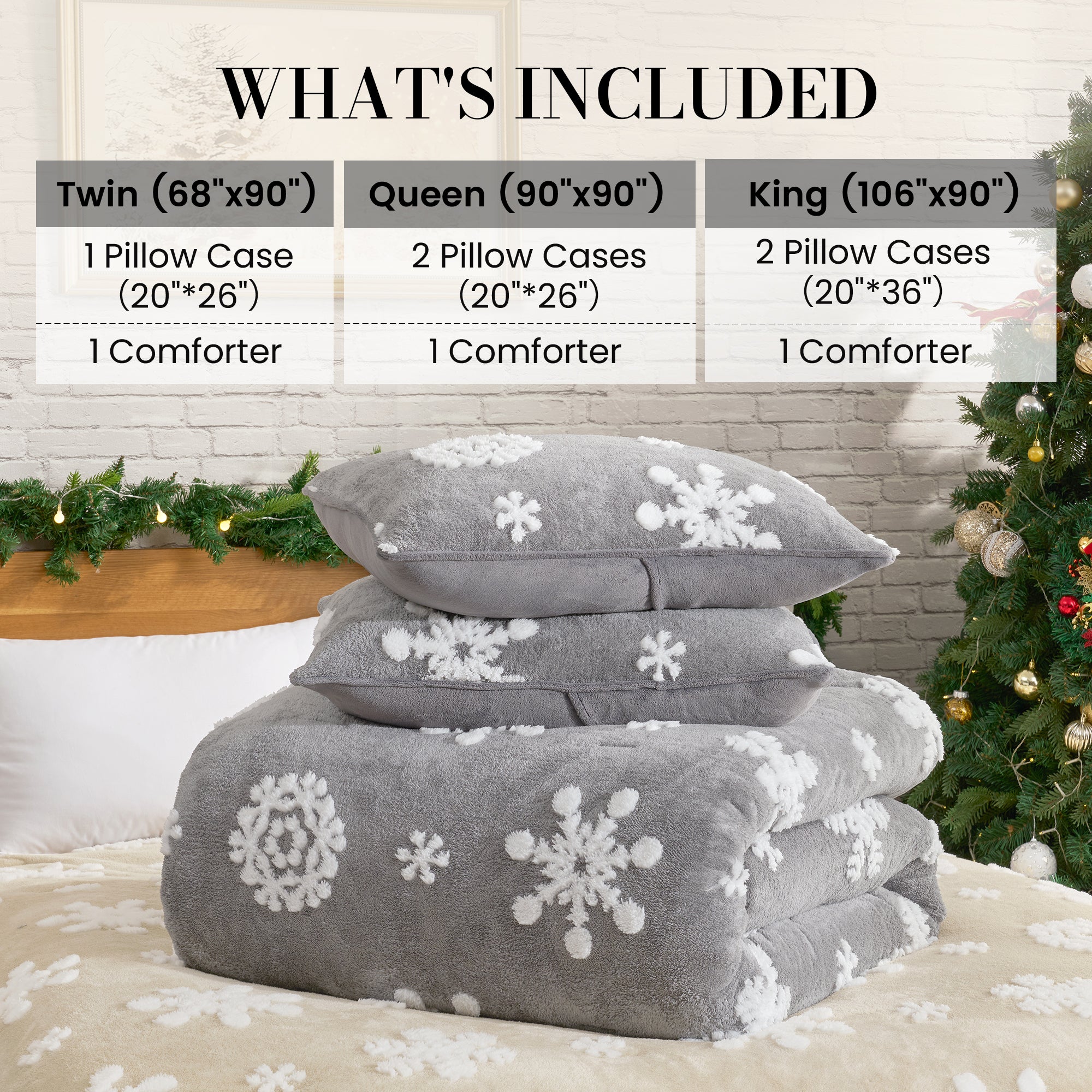 Gray bedding set with snowflake patterns on a bed, including pillow cases and comforter, with Christmas decorations in the background. #Color_Snowflake Grey