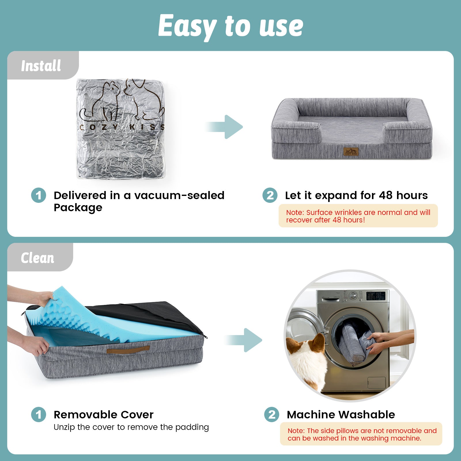 Instructions for using a pet bed with vacuum-sealed packaging, expansion, cover removal, and machine washing.#color_Dark Grey
