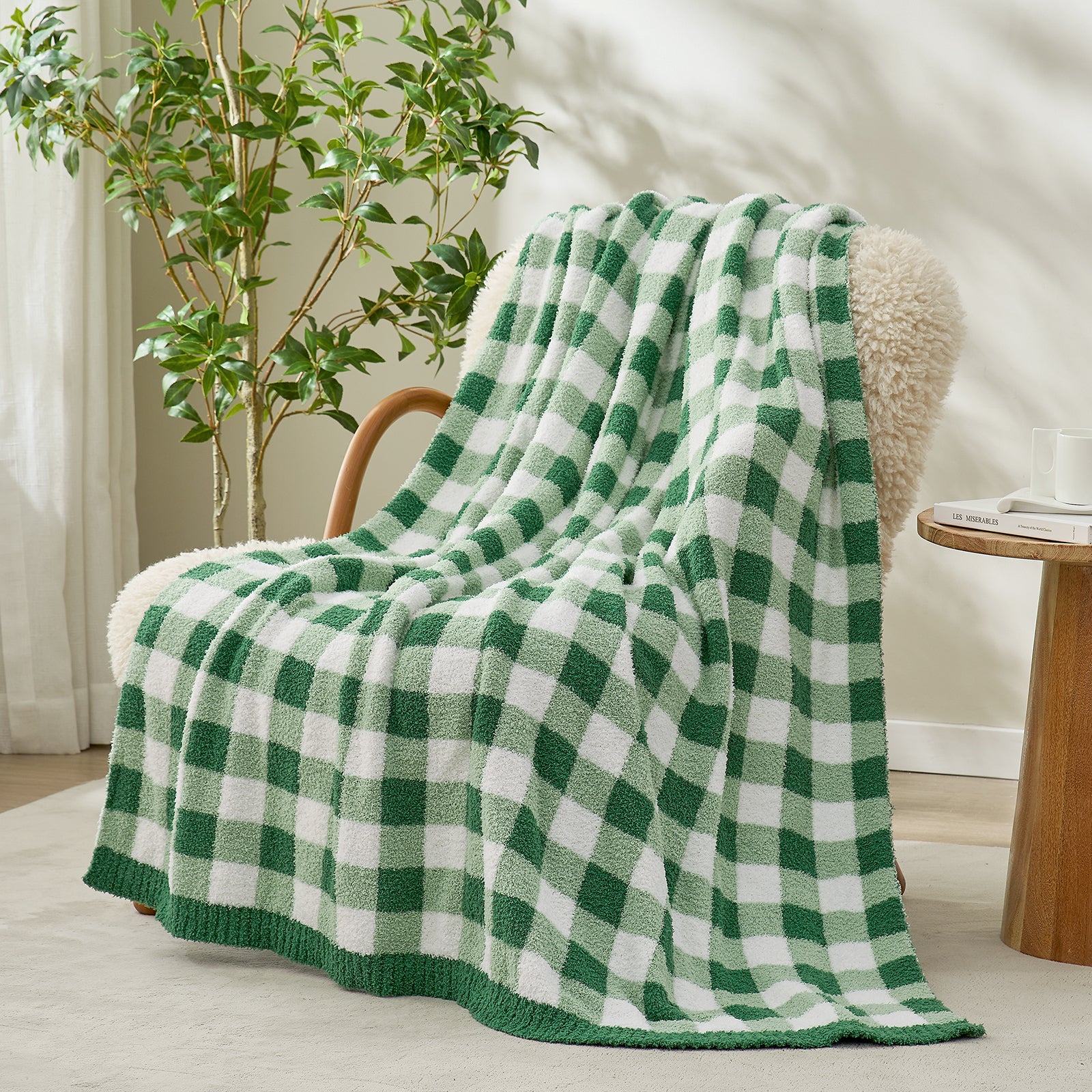 Plaid Knit Feather Yarn Knit Throw Blanket
