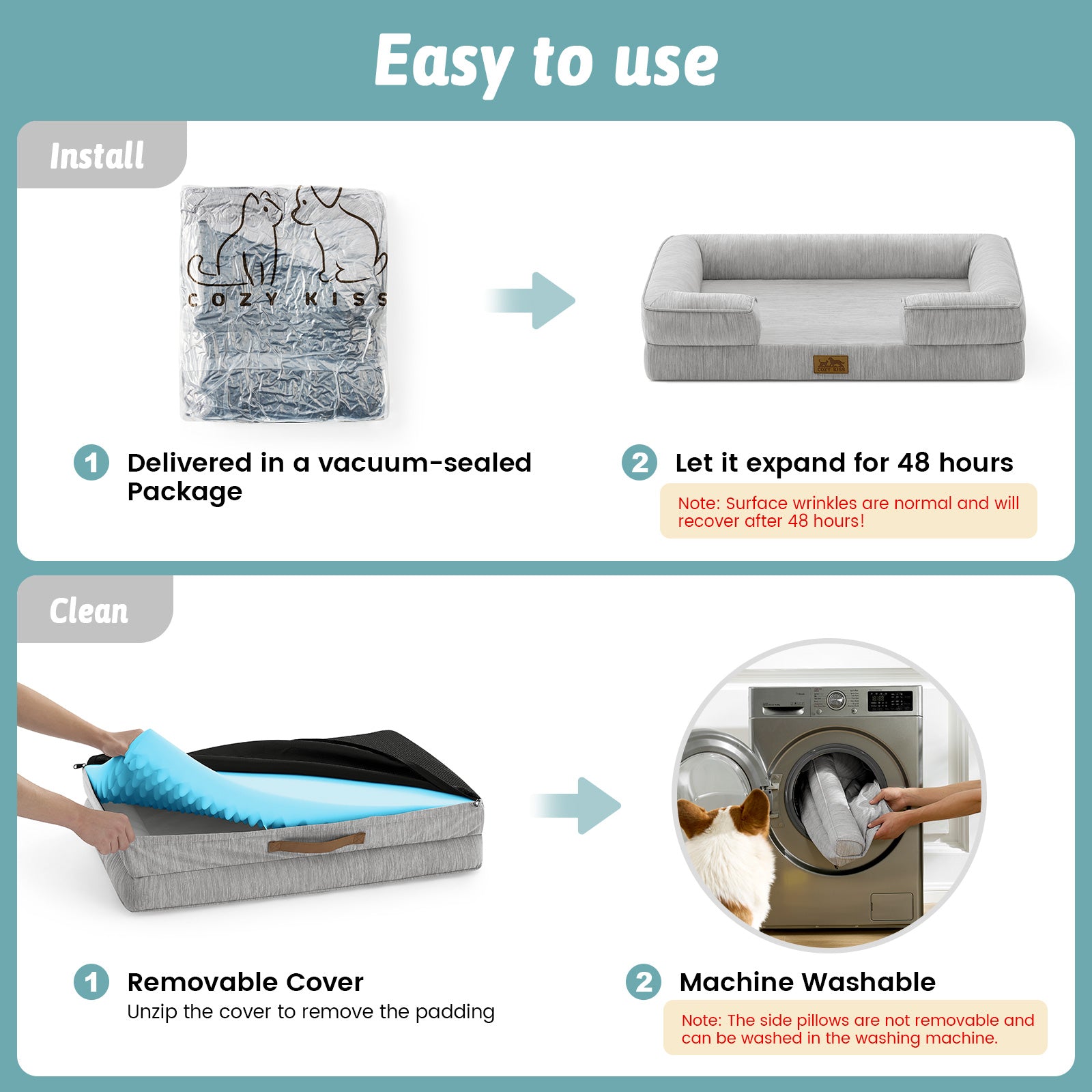 Instructions for using a pet bed with vacuum-sealed packaging, expansion, removable cover, and machine washing.#color_Light Grey