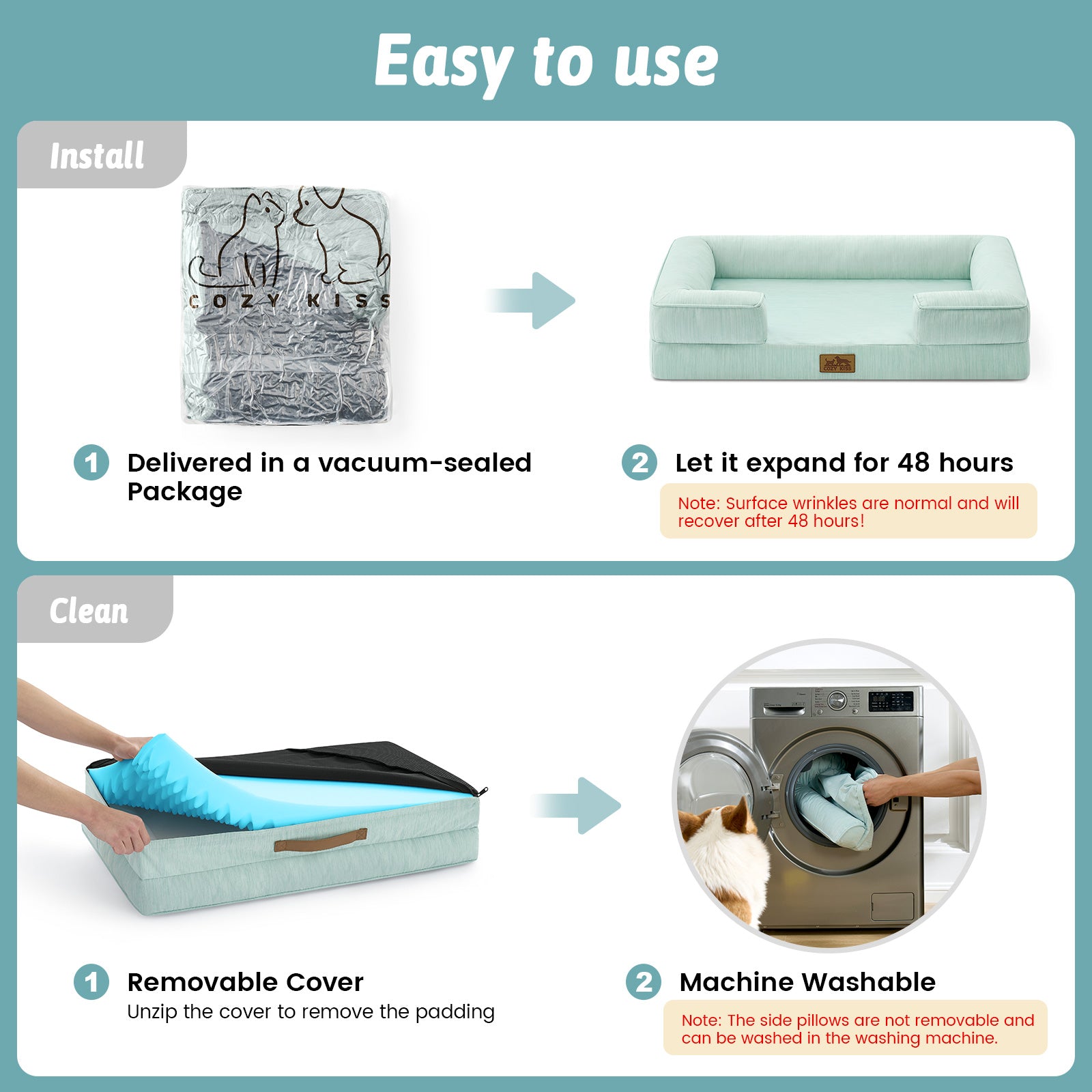 Instructions for using a pet bed with vacuum-sealed packaging, expansion, and washing instructions.#color_Sage Green