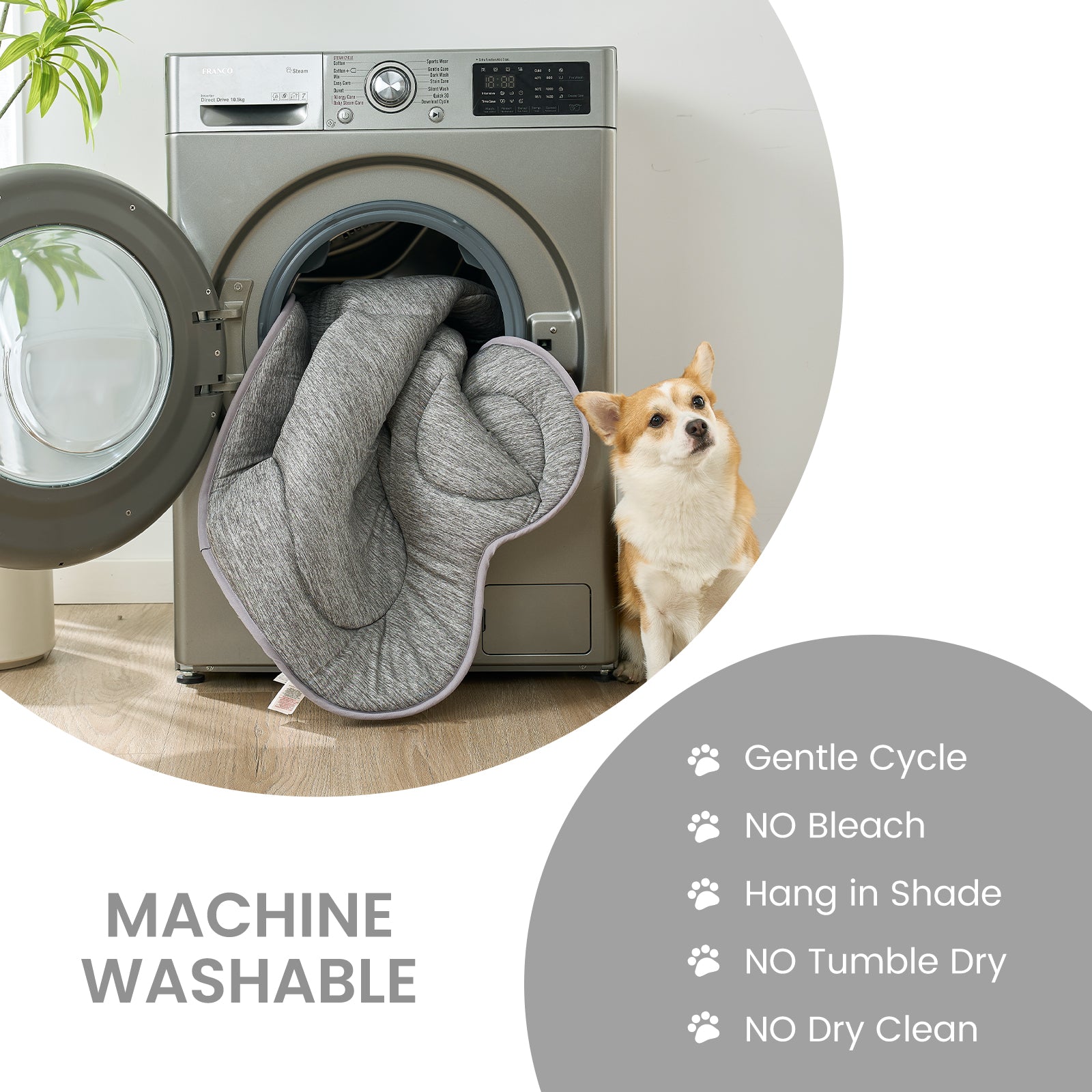 Machine washable cooling pet mat placed in washing machine for easy cleaning and maintenance.#color_Charcoal Grey