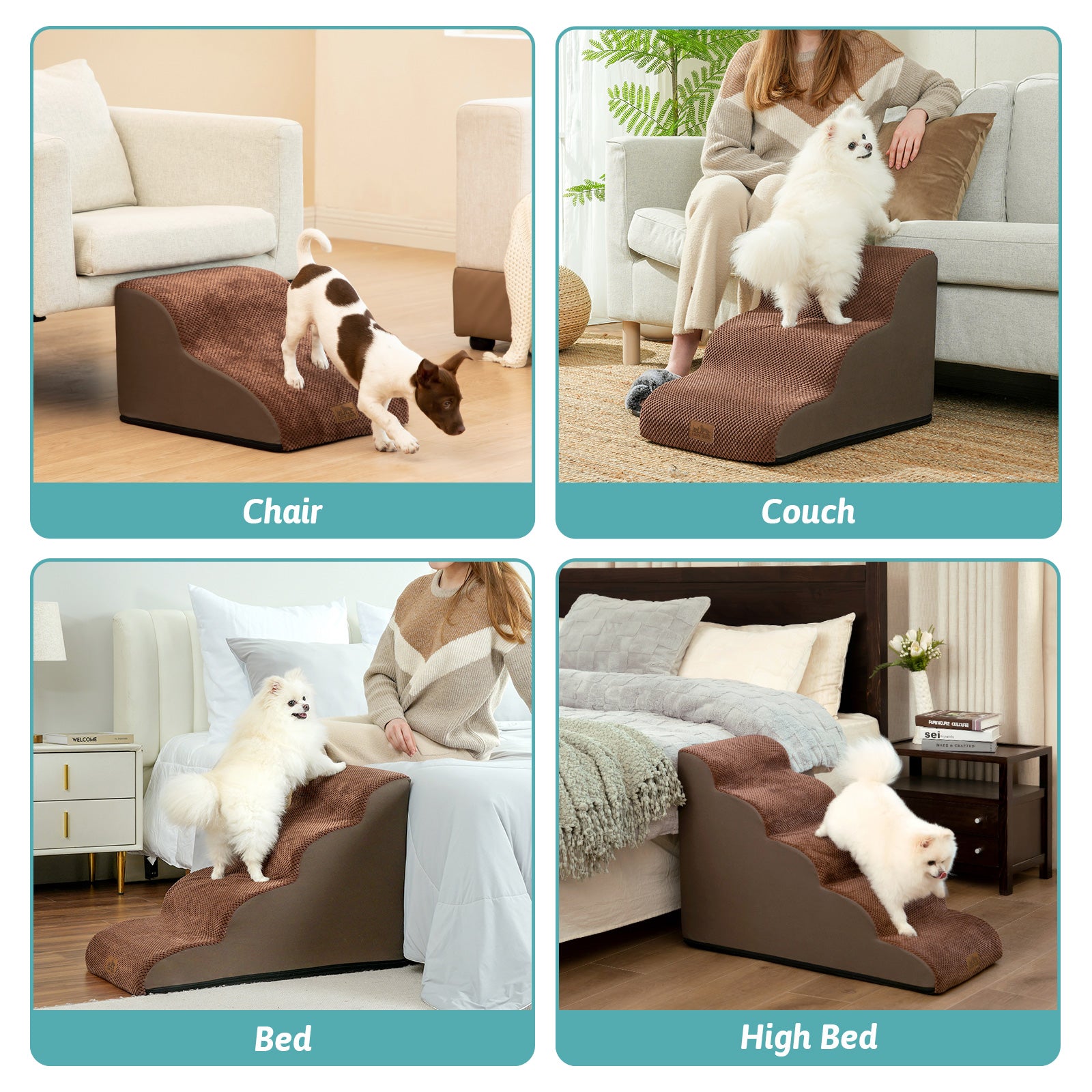 Dog ramp being used in various home settings including chair, couch, bed, and high bed.#color_Brown