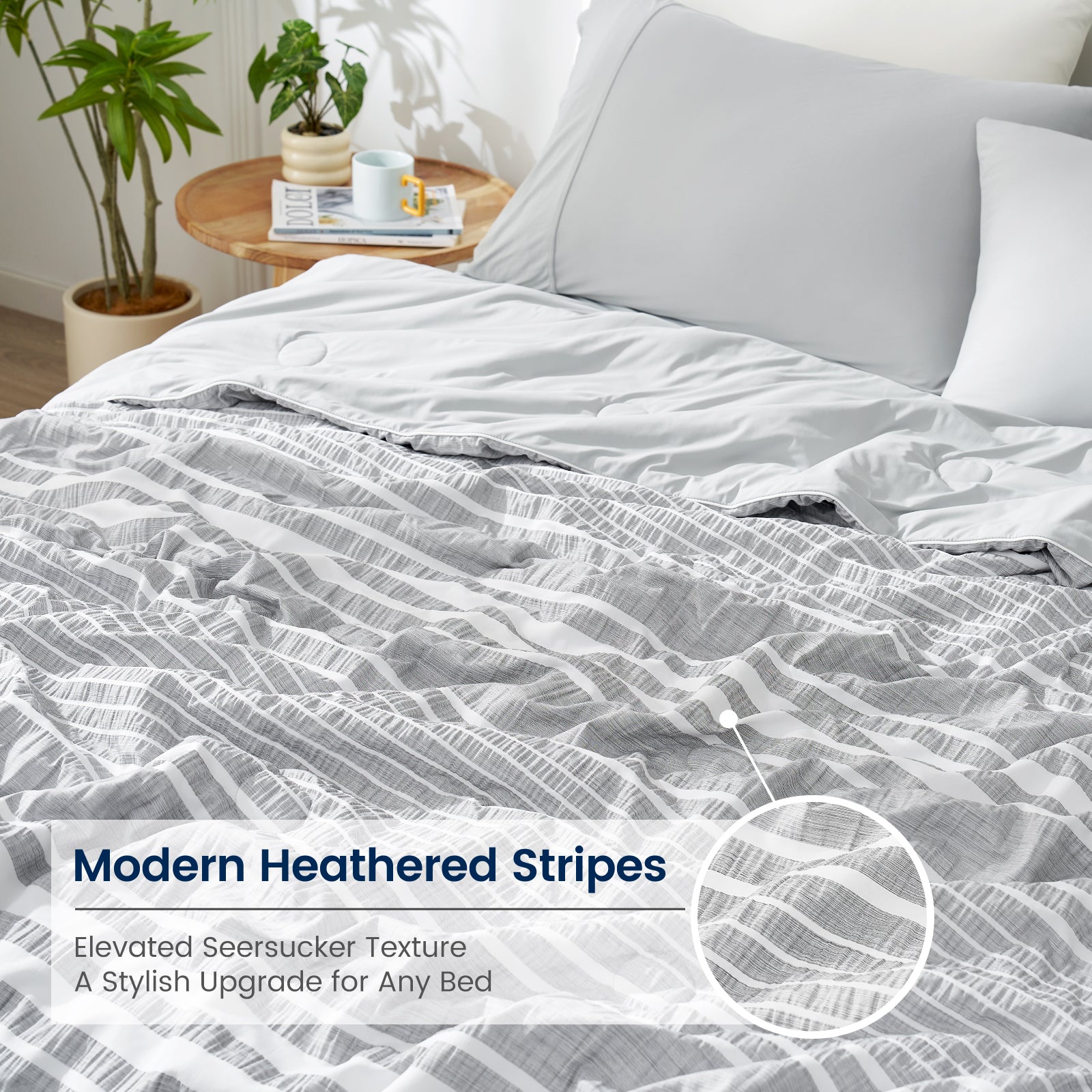Cozy Bliss striped seersucker cooling comforter in Light Grey showcasing elevated textured pattern #color_Light Grey