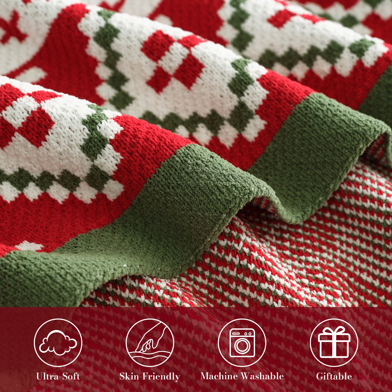 Close-up of a red, green, and white patterned fabric with product features displayed. #color_Fair Isle