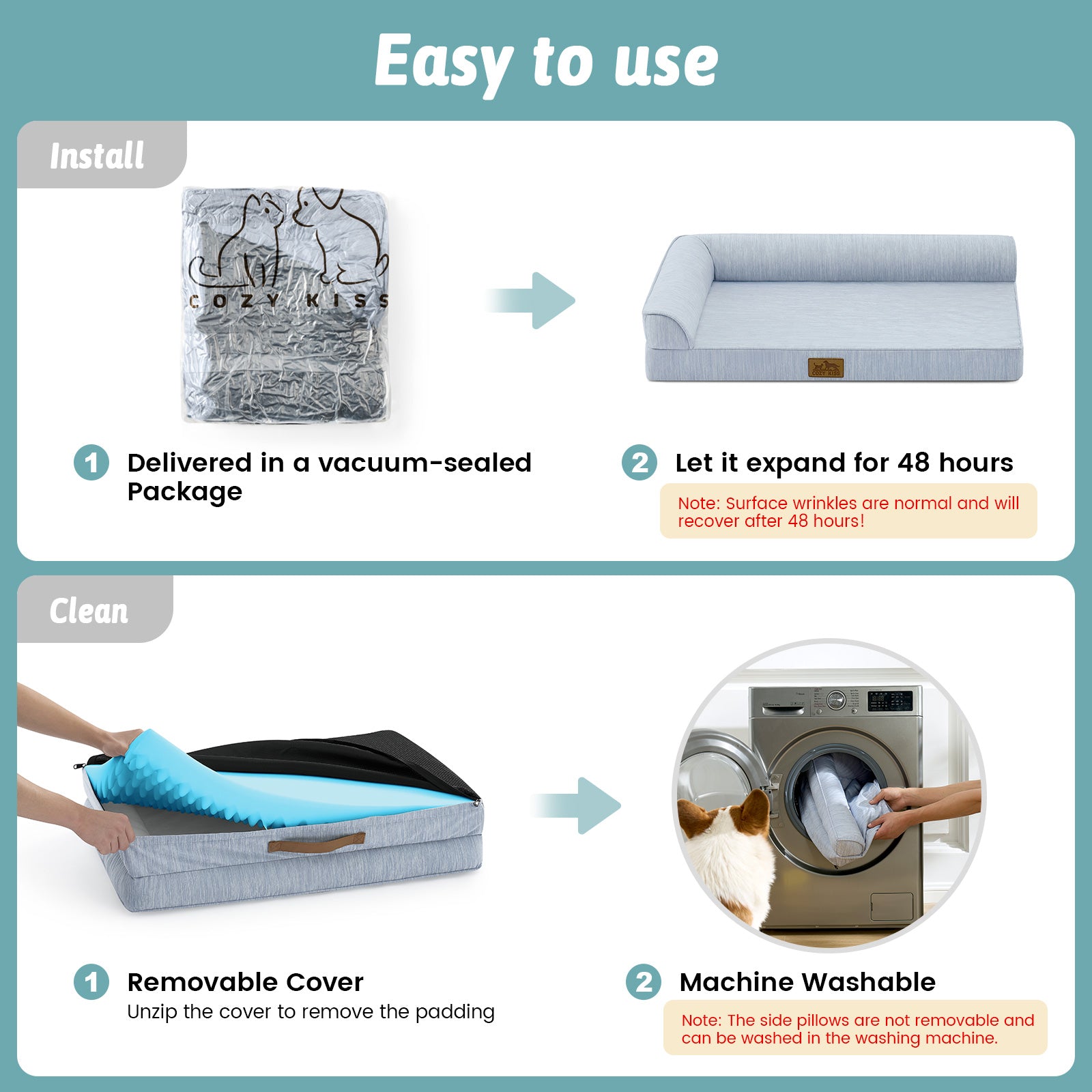 Instructions for using a product, including installation and cleaning steps.#color_Cool Blue