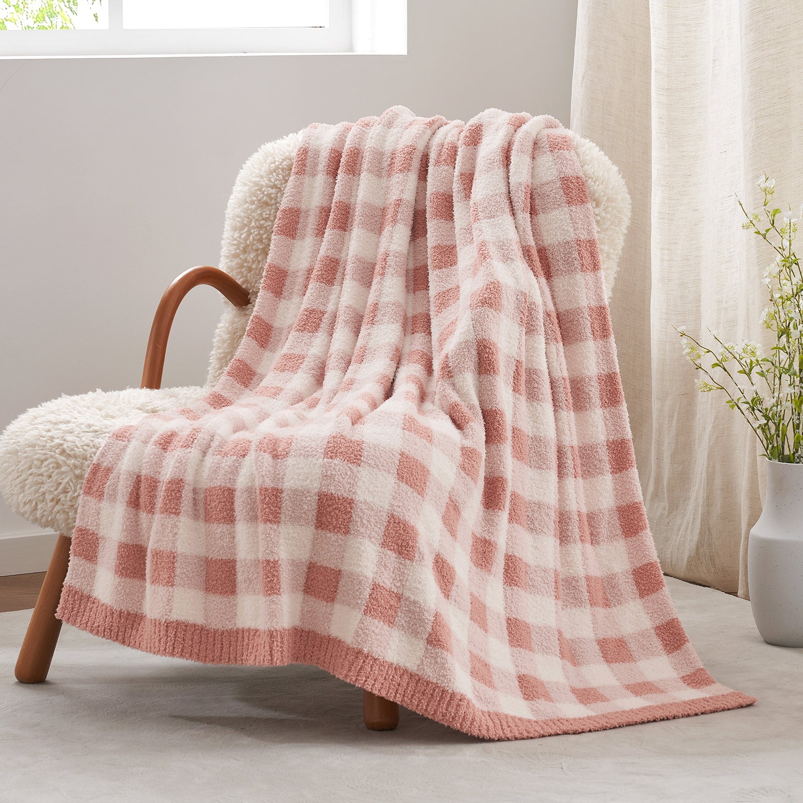Plaid Knit Feather Yarn Knit Throw Blanket